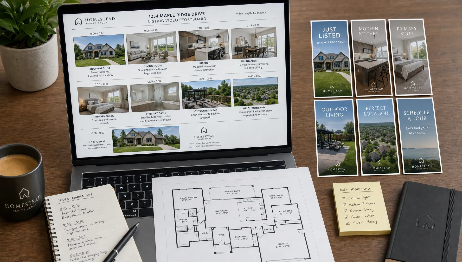 A real estate video storyboard with property photos, short narration snippets, branded text overlays, and vertical social media frames arranged around a listing workspace with a laptop and printed floor plan.