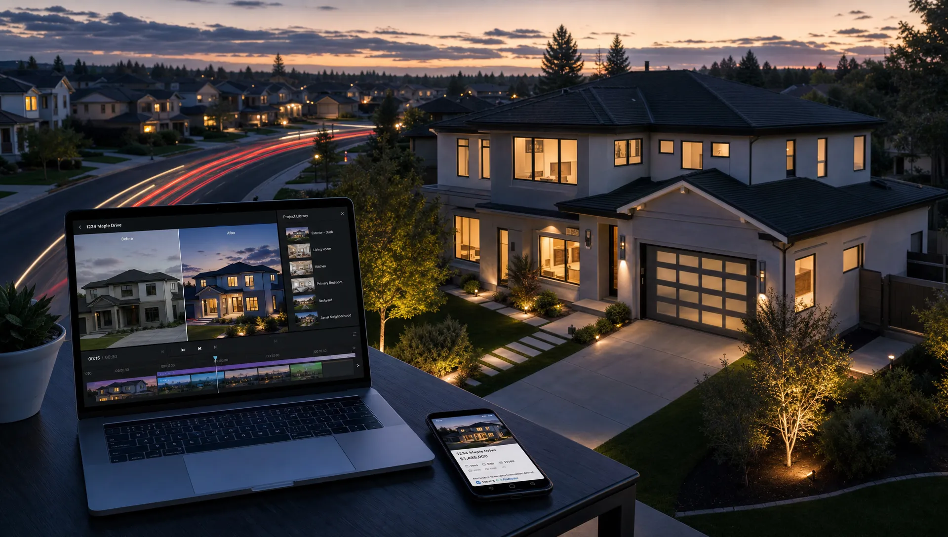 A wide aerial view of a modern suburban home at dusk with subtle motion trails and a split-screen feel suggesting a video workflow, with a laptop showing a listing edit timeline on a nearby outdoor table and a phone beside it, all set in a quiet residential neighborhood.