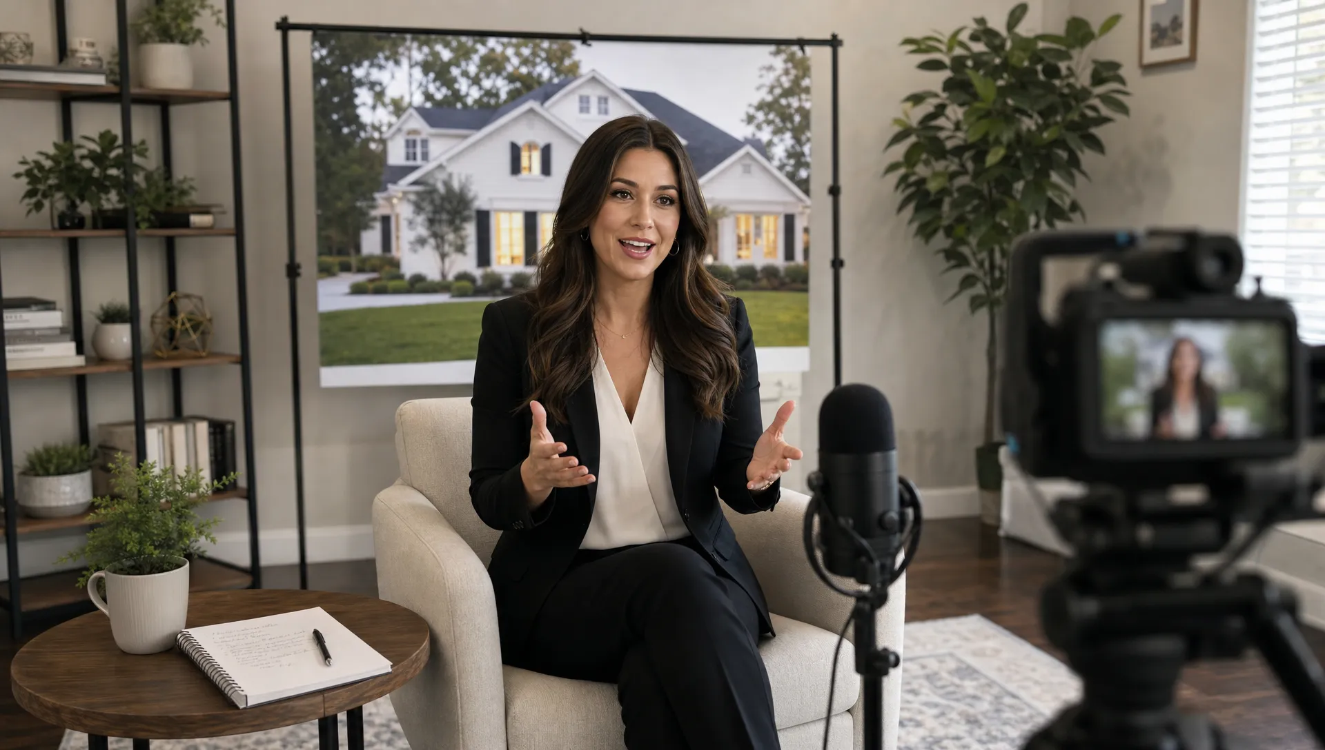 A real estate agent records a short listing introduction in a bright home office with a camera, microphone, backdrop, and notes on a side table.
