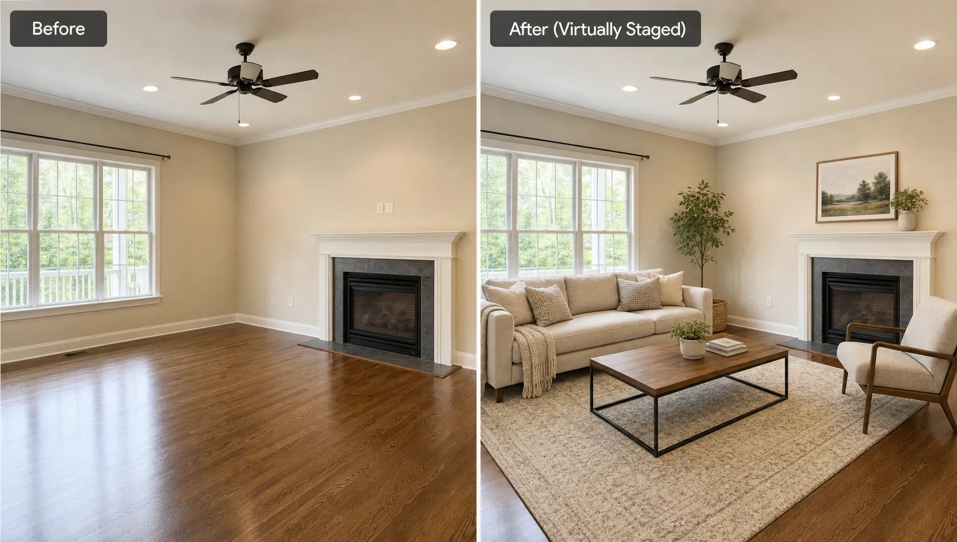 A before-and-after view of the same living room, with one side empty and the other side virtually staged with a sofa, rug, coffee table, and plants to show how the space can feel more usable.