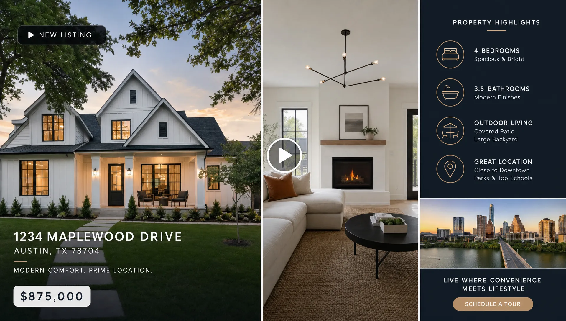 A polished real estate marketing video concept showing a bright home exterior, a welcoming living room, and short on-screen property highlights such as bedrooms, outdoor space, and neighborhood access arranged as a social media reel layout.