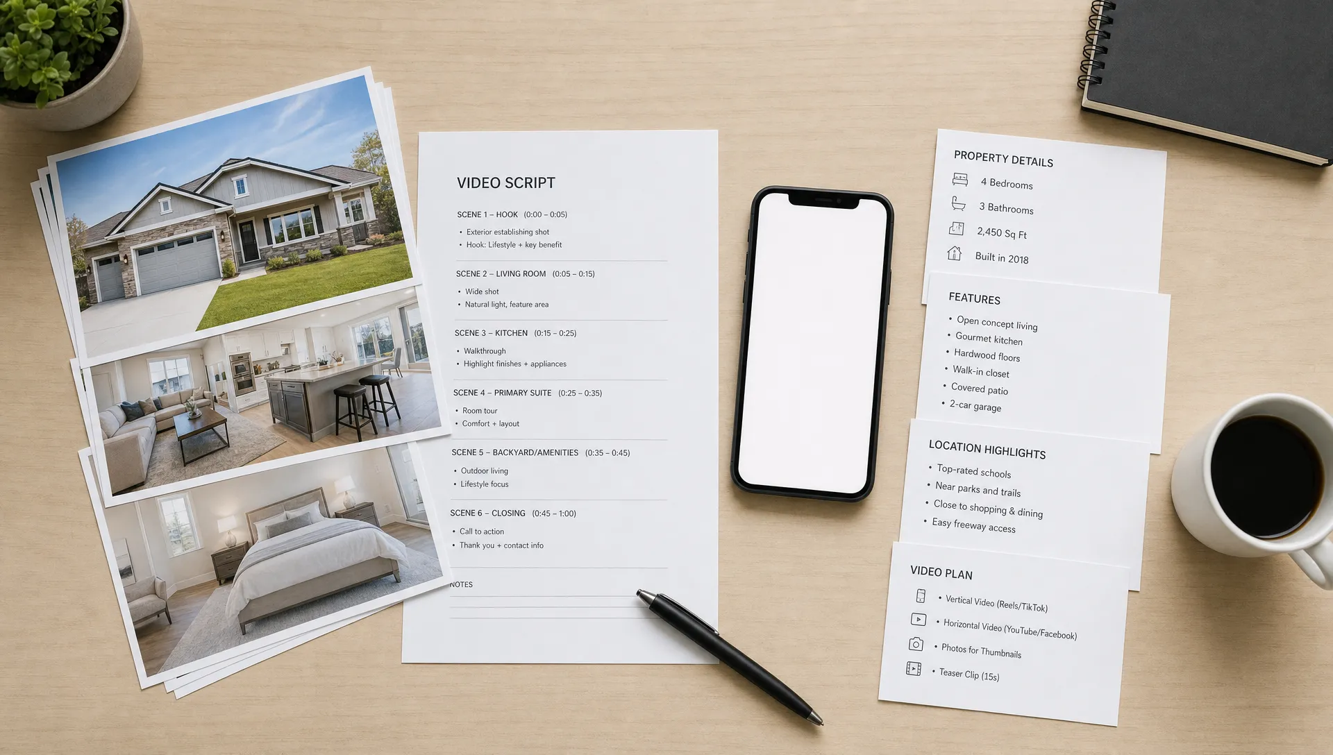 An overhead conceptual scene of a real estate video workflow on a clean desk: printed listing photos, a simple script page, a smartphone facing the camera with a blank screen, and a small stack of property detail cards arranged like a production plan, with no people present and a clear focus on fast content creation for a listing launch.