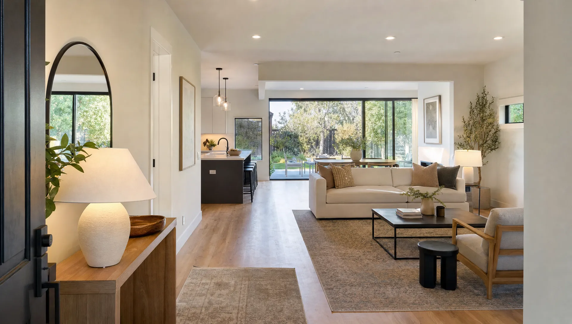 A bright open-plan living area with a clear path from the entryway to the kitchen and patio doors leading to the garden for a listing video.
