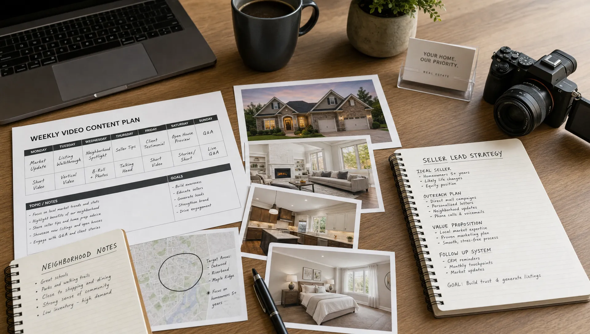 A real estate agent's desk with a weekly video content plan, printed property photos, neighborhood notes, and a small camera arranged beside a notebook for seller lead strategy.
