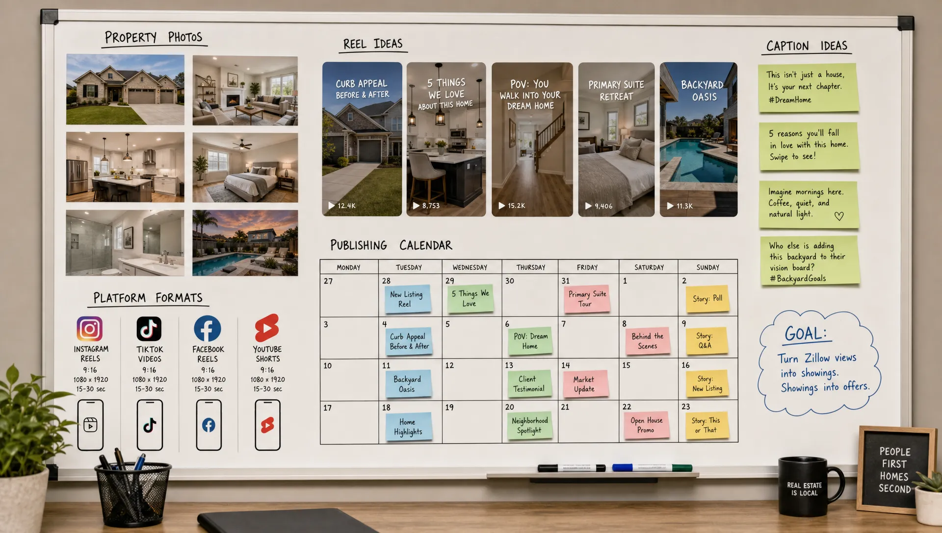 A content board shows property photos, reel ideas, captions, platform formats, and a publishing calendar for turning Zillow listings into social videos.
