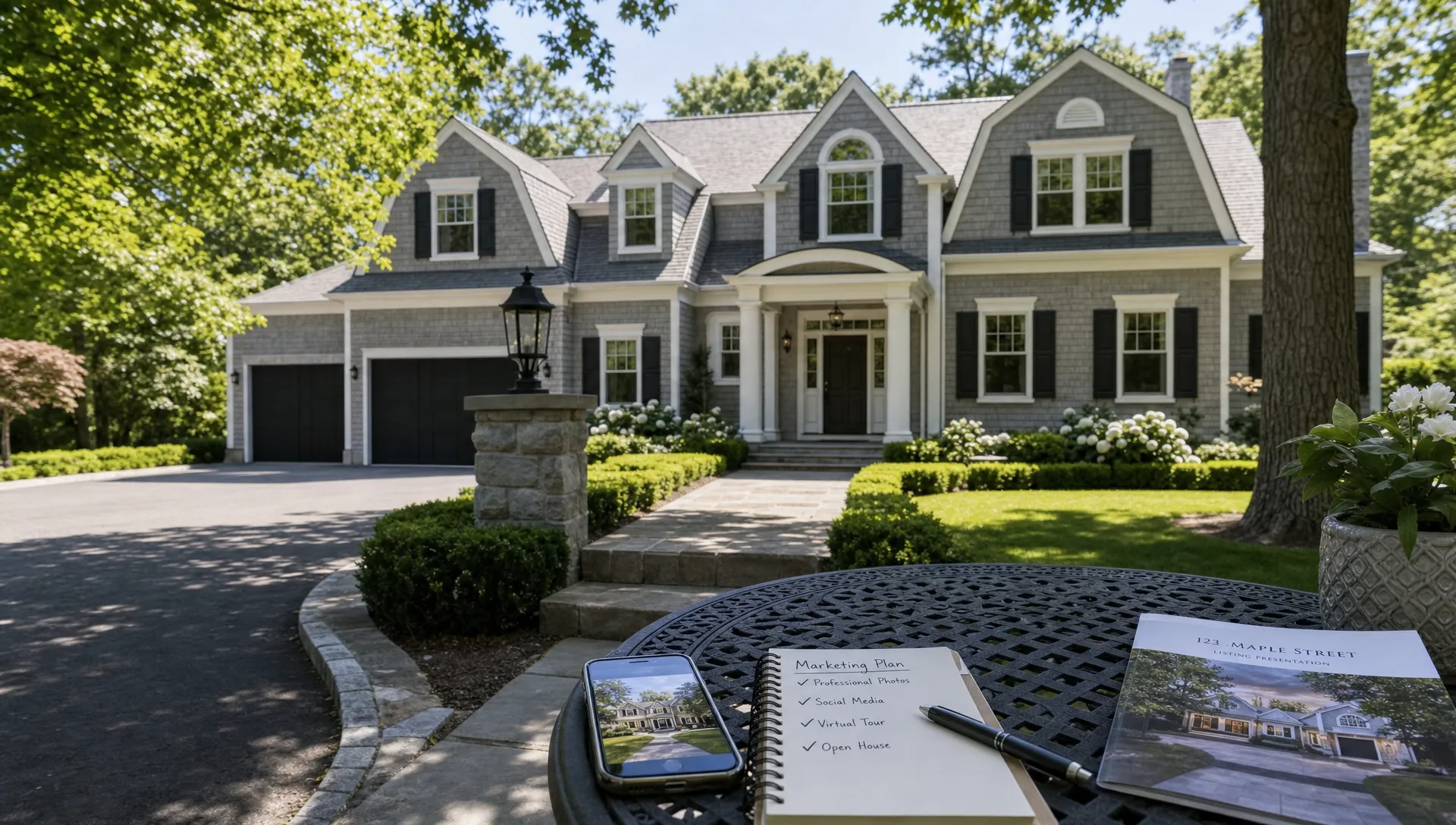 Landscape wide exterior view of a modern listed home with the front facade, driveway, entry path, and landscaping visible, while a small patio table in the foreground holds a phone and a few marketing notes; the house remains the clear subject and the scene suggests a listing being prepared for social promotion.