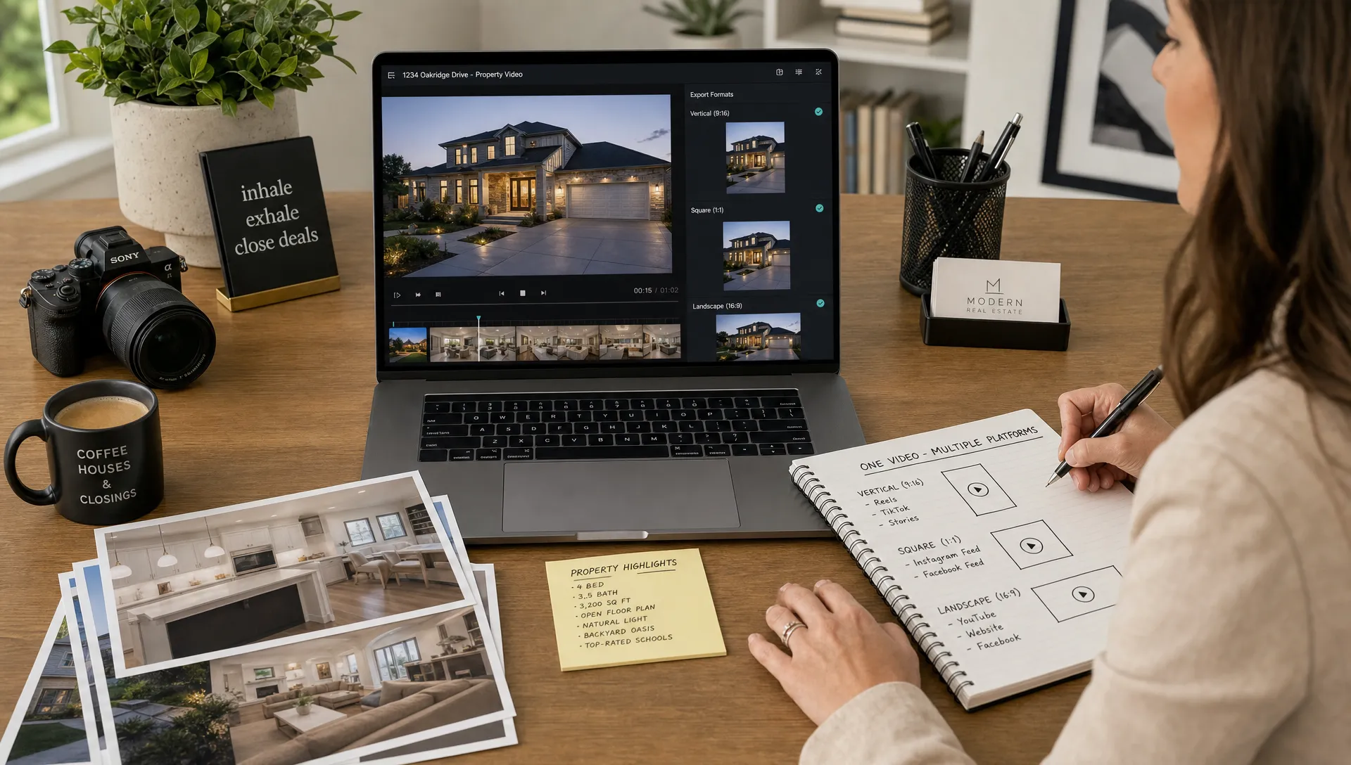 Un agent immobilier réutilise une vidéo de bien dans des mises en page verticale, carrée et paysage, sur un bureau avec des photos d’annonce et des notes de sous-titrage.