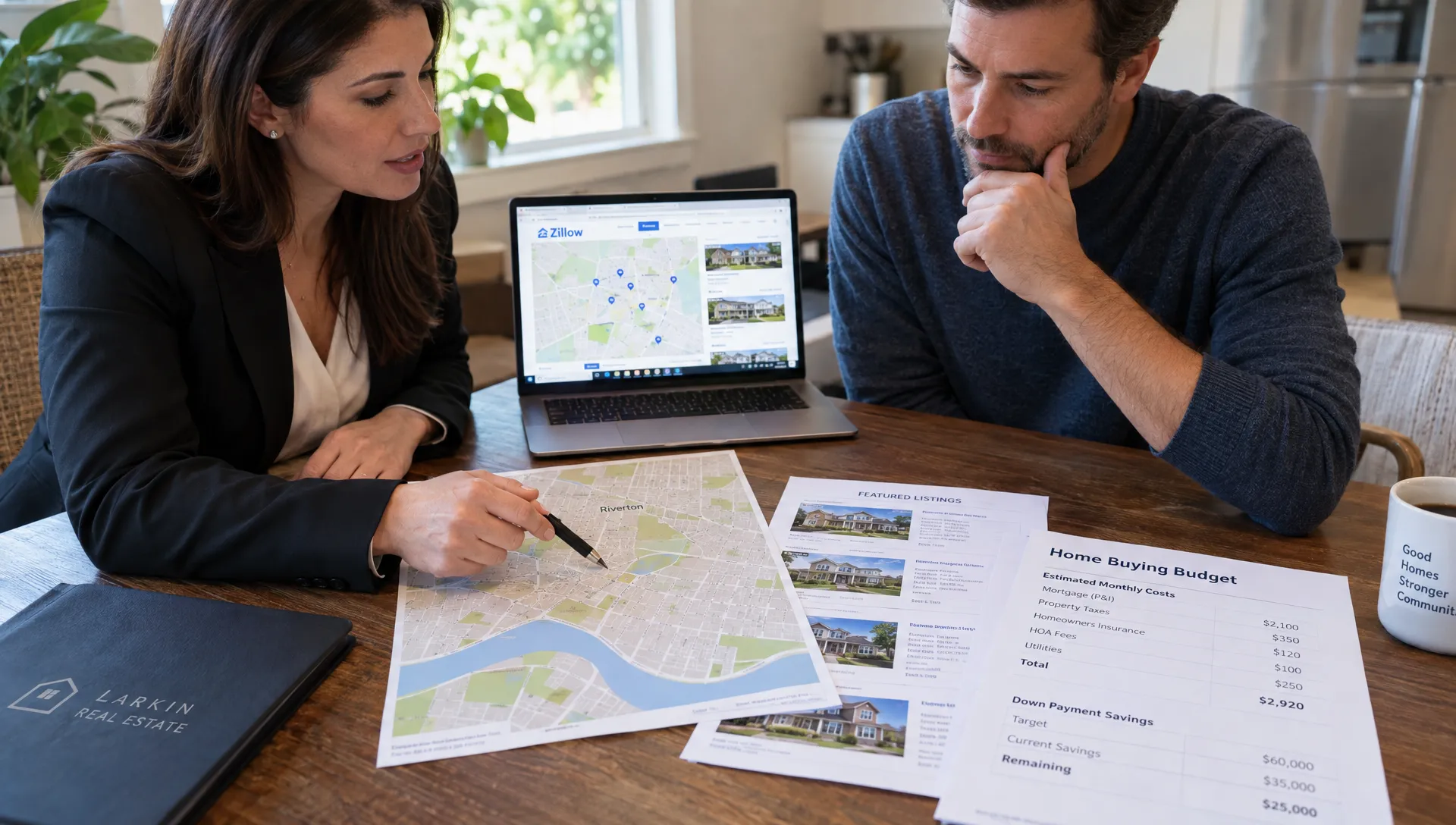 An agent and buyer compare a printed neighborhood map, listing sheets, and a budget worksheet while defining a local Zillow search.