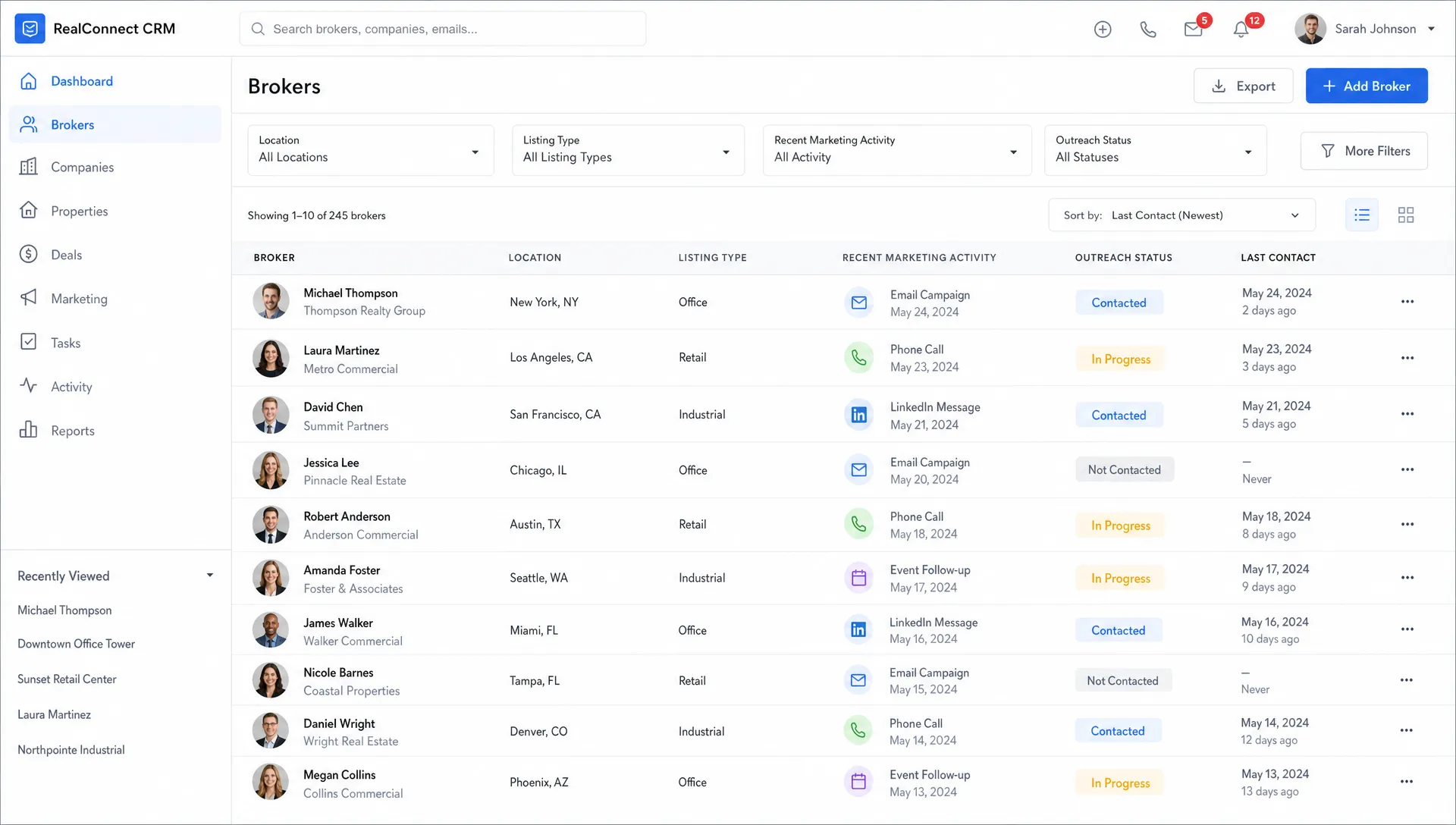 Un écran de CRM affiche une liste de courtiers immobiliers segmentée par localisation, type d'annonce, activité marketing récente et statut de prospection.