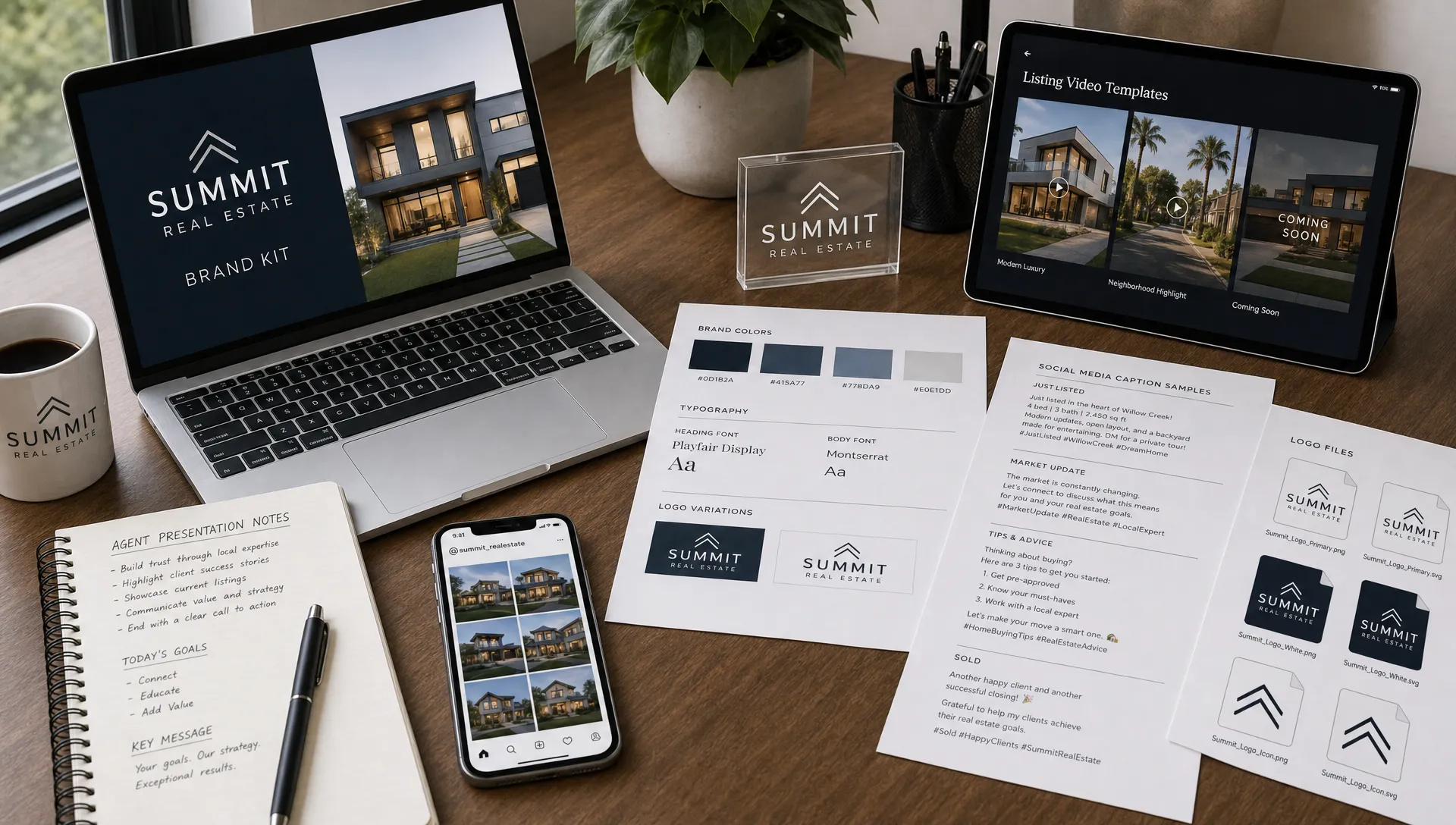 A real estate marketing workspace with brand kit materials, listing video templates, caption samples, logo files, and agent presentation notes arranged on a table.