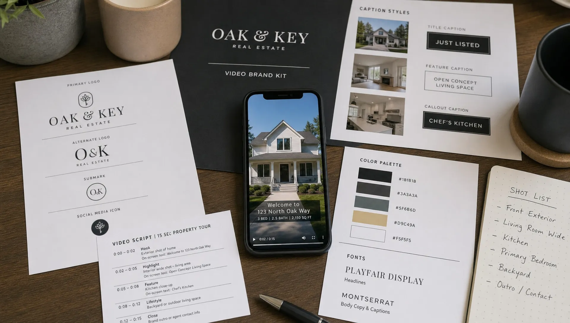 Landscape close-up inside a marketing workspace of a video brand kit laid out on a table: logo sheets, caption samples, color swatches, a short script card, and a phone facing the camera showing a vertical property video frame; the materials are arranged as practical production references for a real estate team.