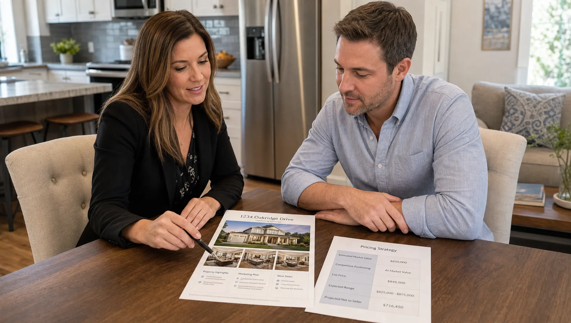 Un agent et un propriétaire examinent une stratégie de mise en vente sur une page, avec des photos du bien et une feuille de prix sur la table de la salle à manger.
