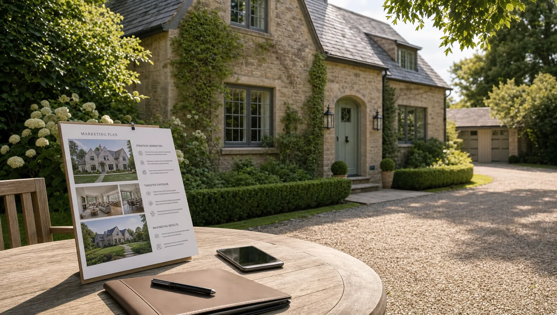 Landscape wide exterior view of a well-kept listed house with the front entry, driveway, and garden path visible, plus a small presentation board and phone on a nearby outdoor table to suggest the seller pitch and marketing plan. No people in frame. The house should feel like the subject being positioned for sale, not a studio or office.
