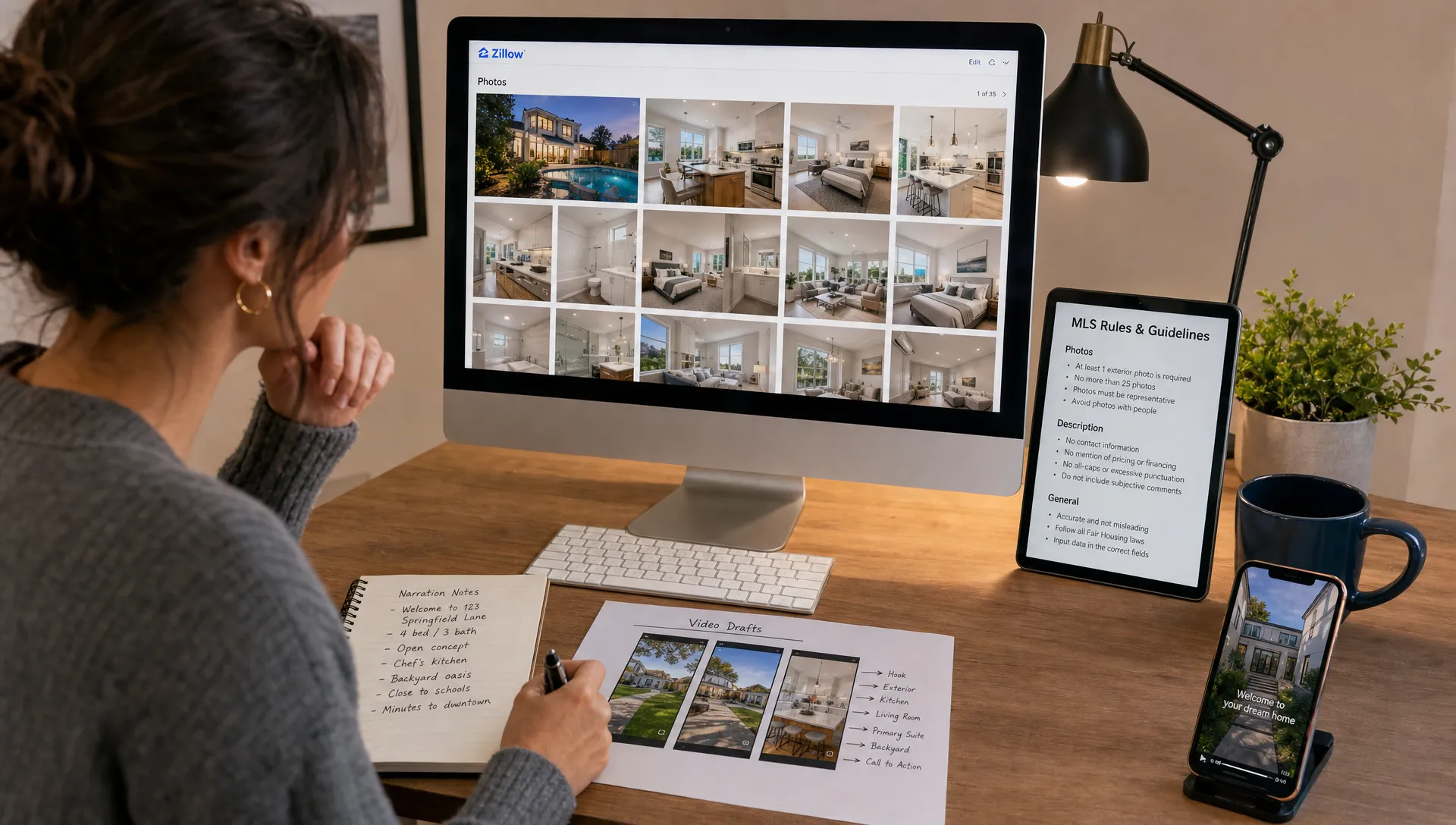A Zillow listing agent reviews property photos, narration notes, MLS rules, and vertical video drafts on a desk.