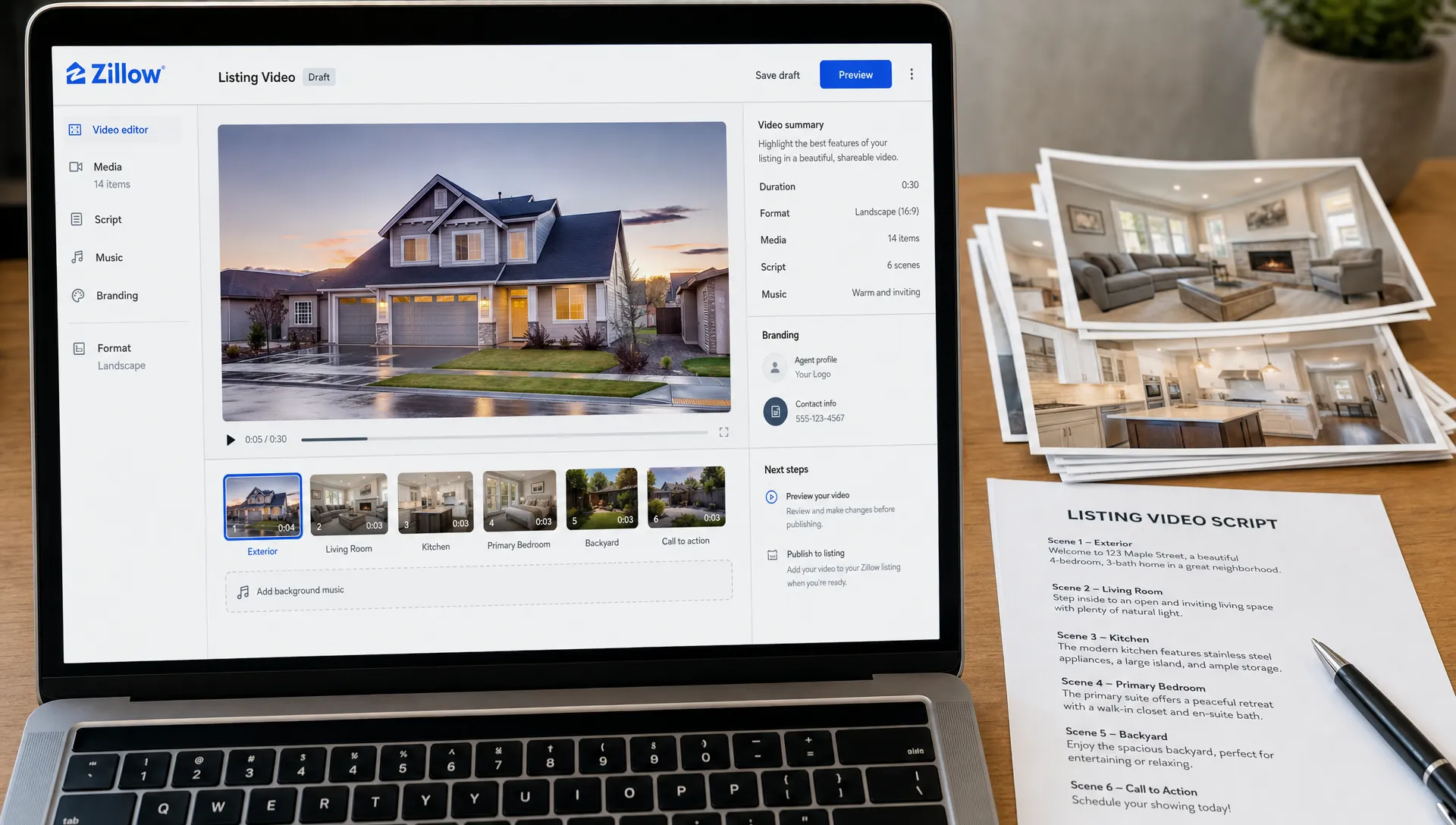 Landscape close-up of a laptop screen facing the camera showing a clean property video draft beside a stack of room photos and a simple script page on a desk, with the edge of a keyboard and a pen in frame; the scene highlights the digital preview stage of a Zillow listing video workflow.