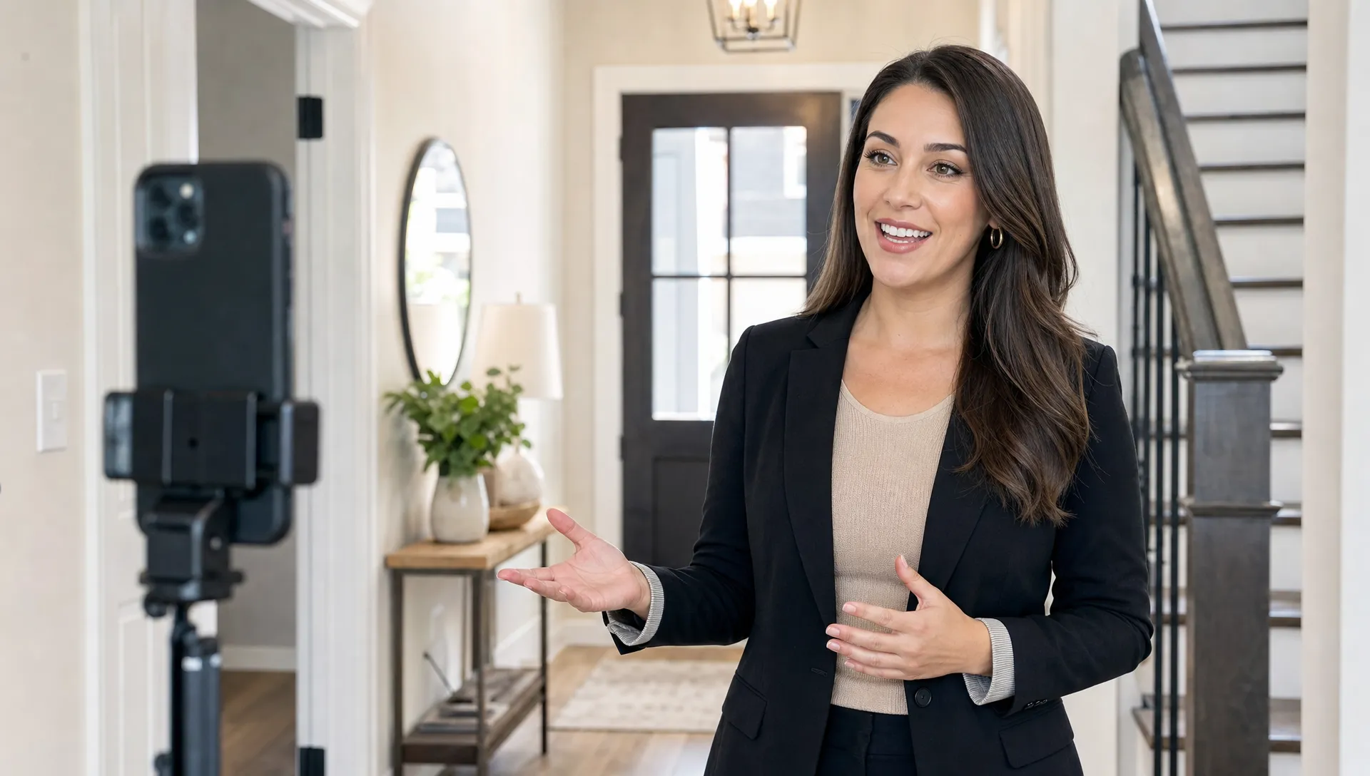 A real estate agent records a realtor introduction video in a bright home entryway beside a phone on a mount.