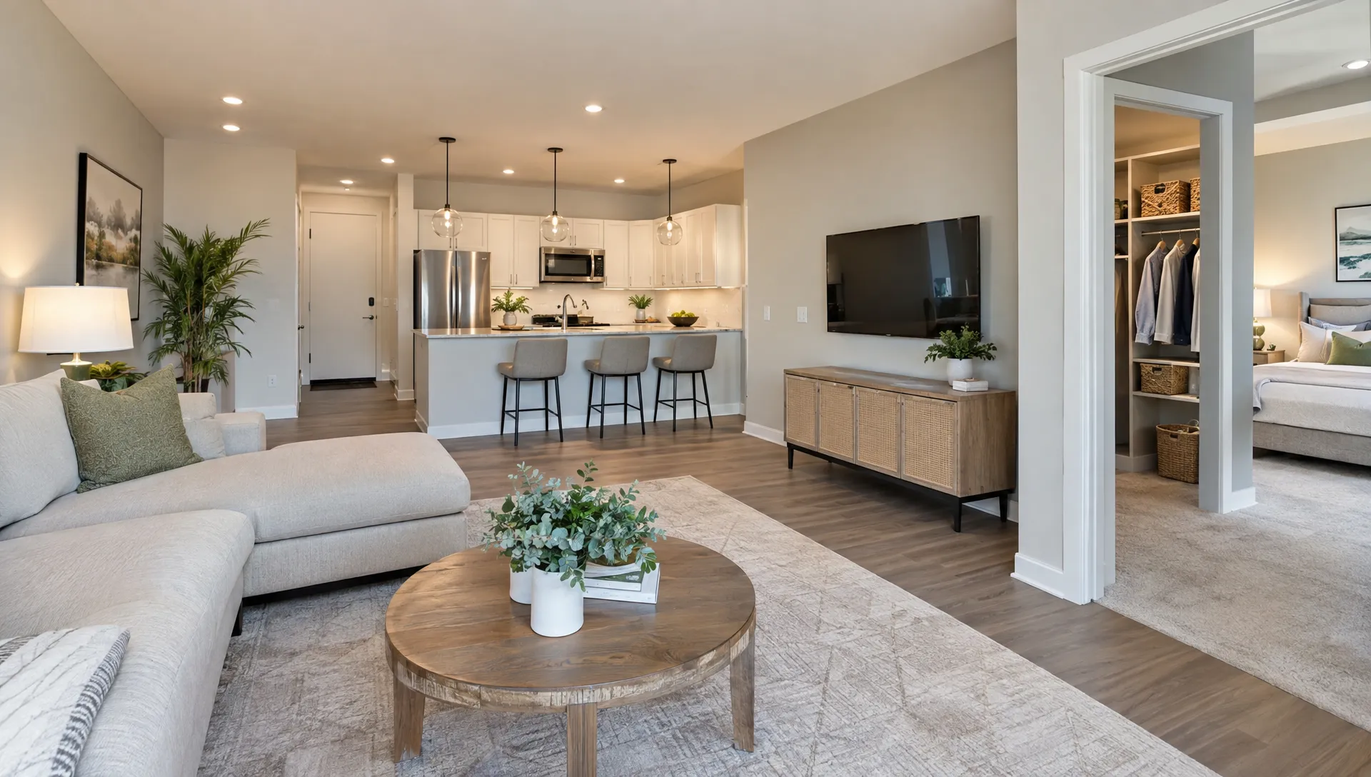 A bright living room opens into a kitchen with clear counters, while a doorway reveals a neatly organized bedroom closet, showing spaces prepared for listing photos and video.
