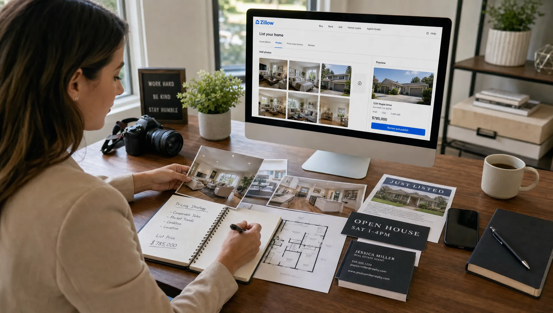 Un agent immobilier organise des photos du bien, des notes sur les prix, un plan d’étage et des éléments de lancement avant de mettre une maison en vente sur Zillow.