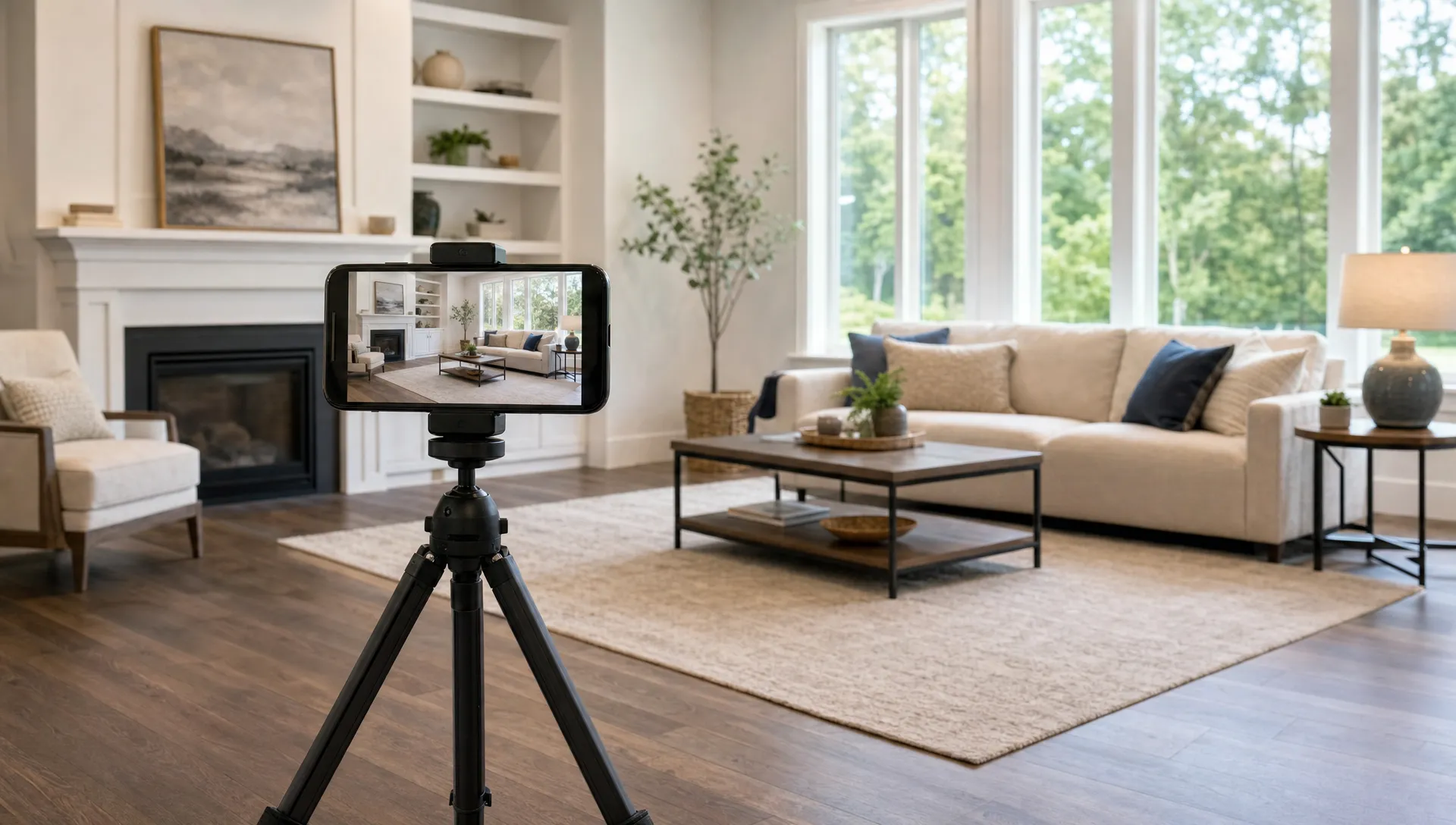 A smartphone on a small tripod faces the seating area in a bright living room prepared for a listing video shoot, with large windows and staged furniture showing the layout.