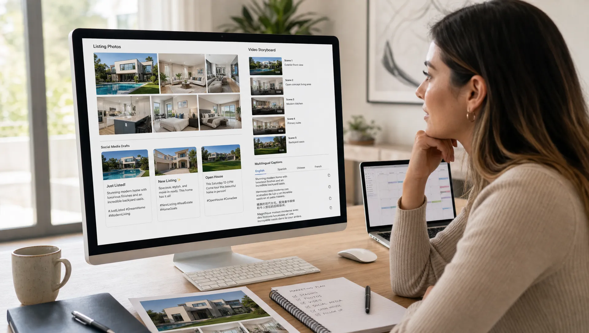 An agent reviews listing photos, a video storyboard, social drafts, and multilingual captions on a desk.