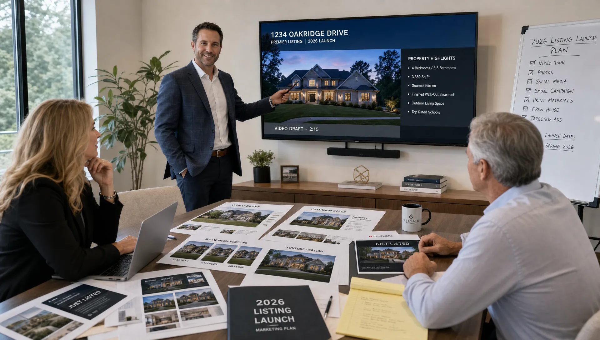 Landscape medium-wide scene in a bright brokerage meeting room where an independent agent stands beside a wall-mounted display facing the camera, while a seller and a second agent review a property listing video draft, campaign notes, and channel-specific versions spread across a conference table; the room feels like a real marketing approval moment for a 2026 listing launch.