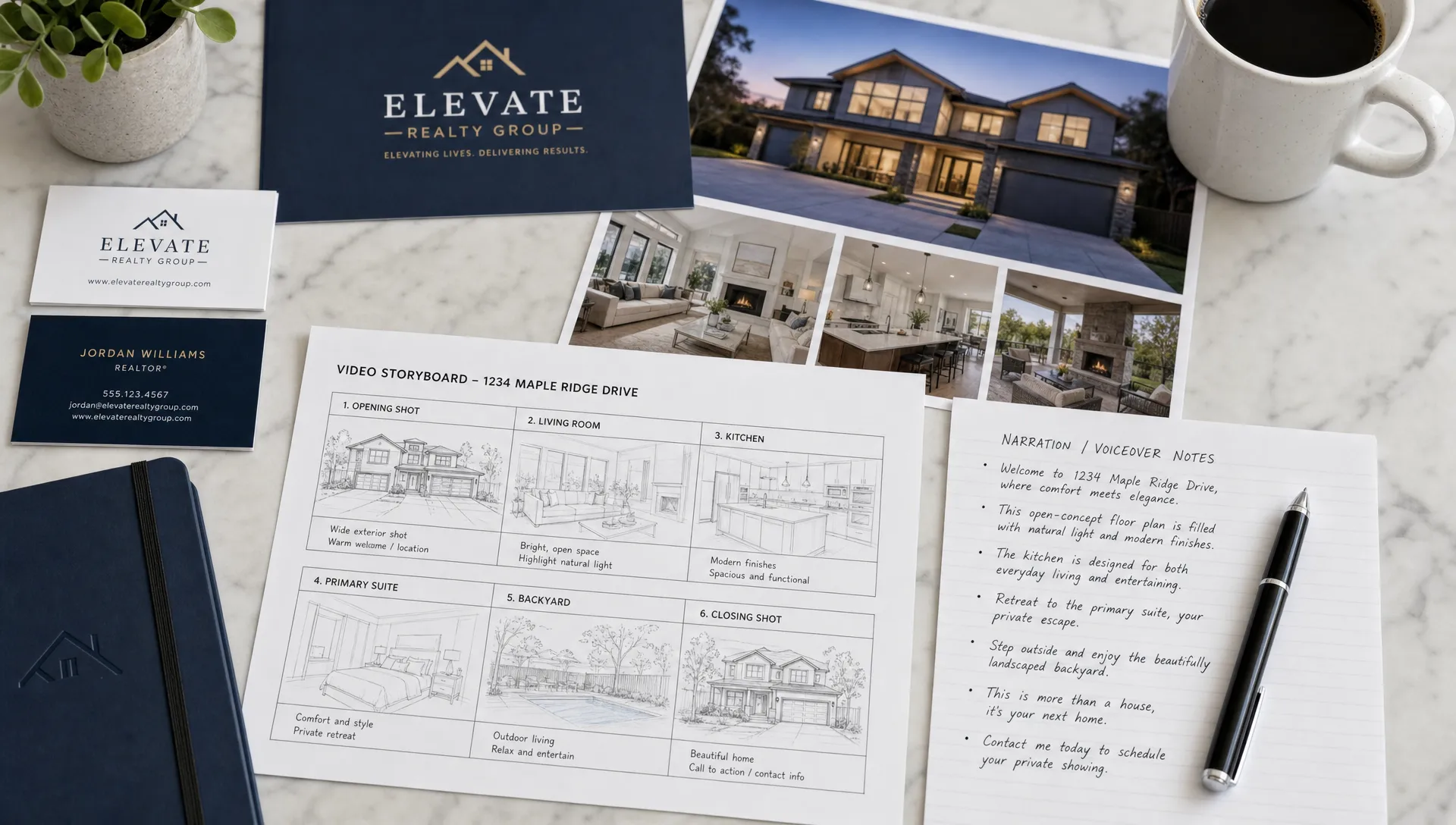 A branded real estate video planning table with printed property photos, logo cards, a storyboard sheet, and narration notes arranged neatly on a clean surface.