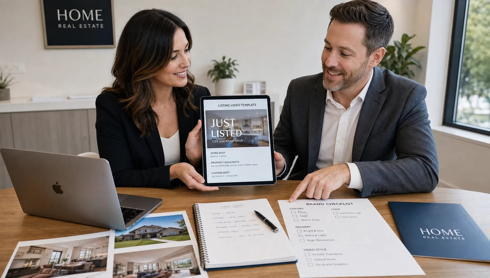 A medium eye-level scene in a real estate office where two agents review a listing video template on a tablet facing the camera while one points to a printed brand checklist on the table, with a laptop, photo prints, and script notes spread between them.