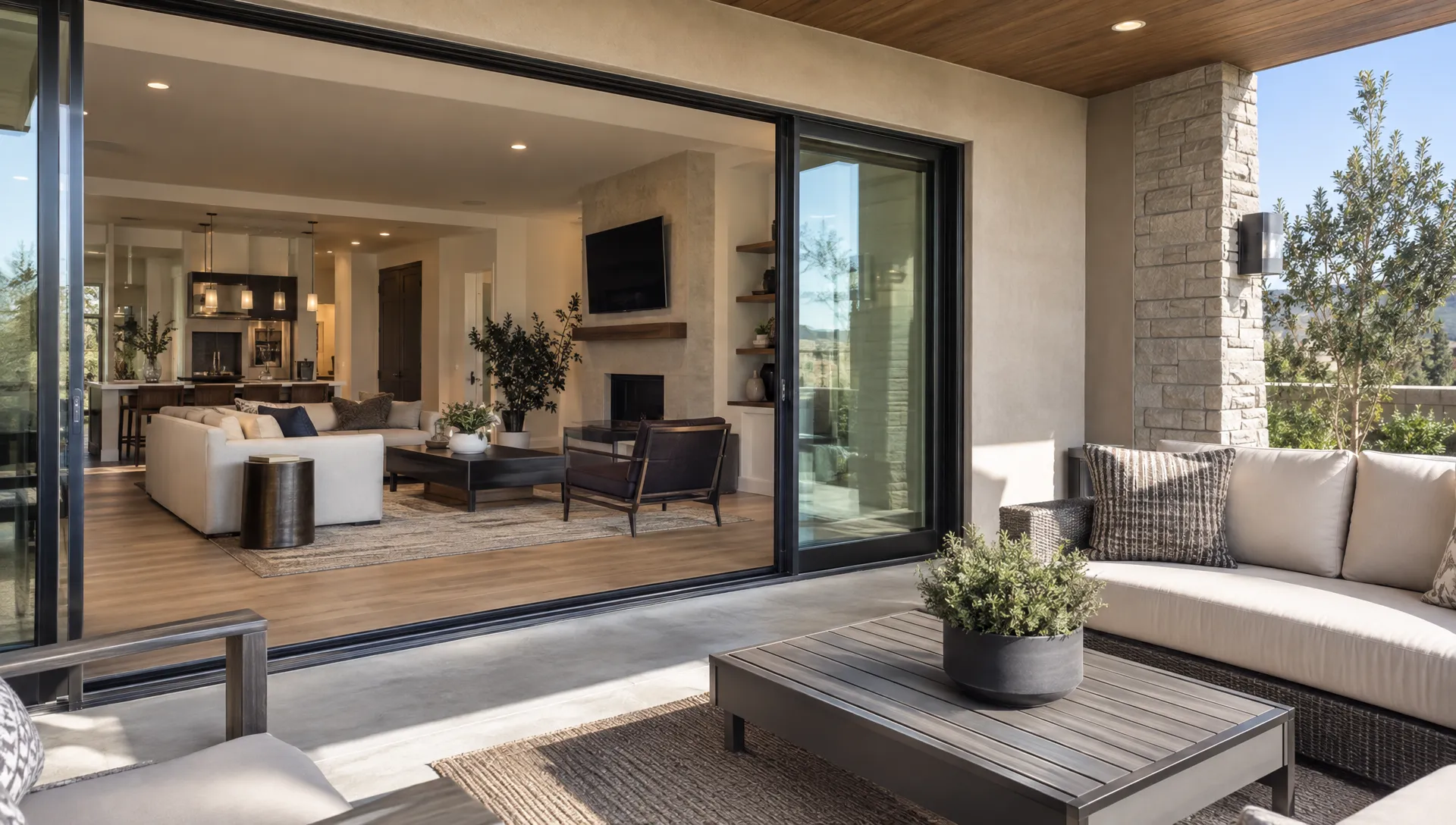 Depuis la terrasse, de larges portes vitrées laissent voir un séjour ouvert sur le coin salon extérieur, illustrant la continuité entre les espaces intérieurs et extérieurs du logement.