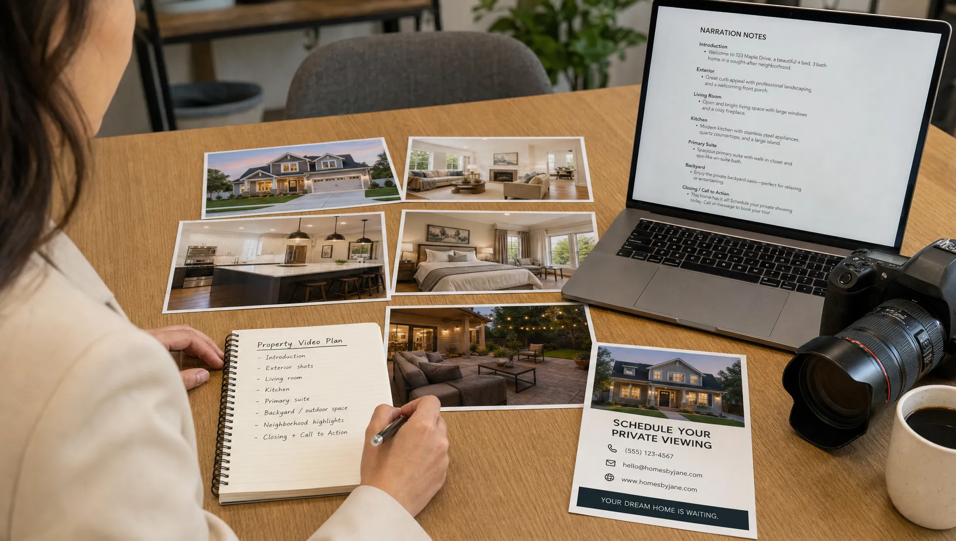 A real estate agent plans a property video with room photos, narration notes, and a viewing call to action on the table.