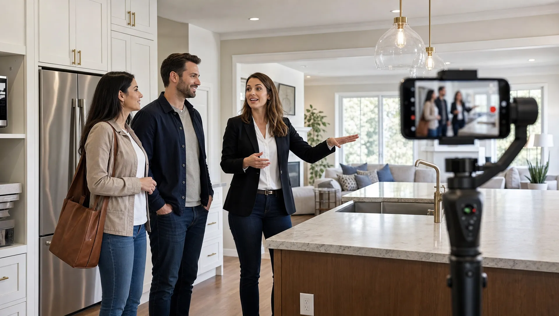 Landscape medium scene at eye level inside a bright kitchen where a real estate agent speaks to two prospective buyers beside the island, with a phone on a gimbal facing the camera recording the tour and the open-plan living area visible in the background; the moment captures a property video helping viewers decide whether to book a viewing.