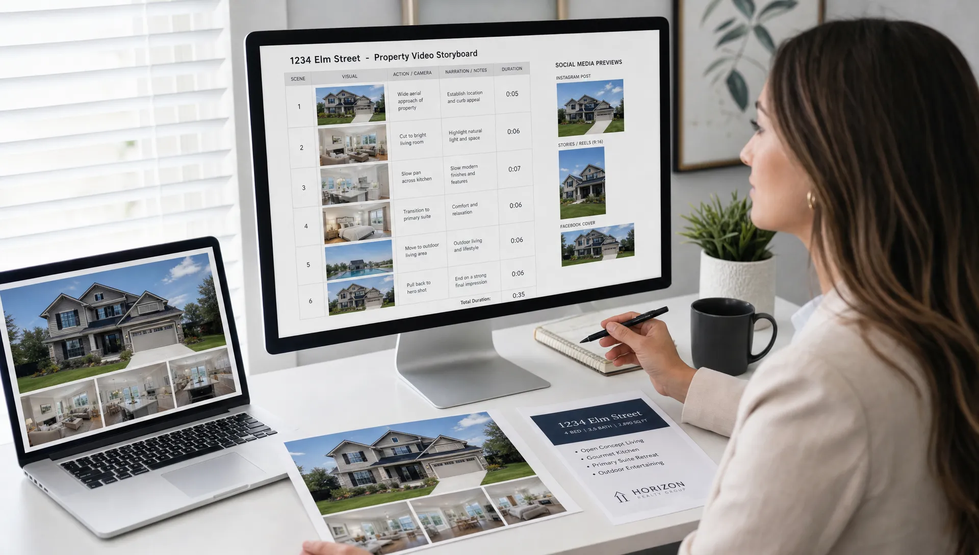 A real estate agent reviews a property video storyboard beside listing photos and social media format previews on a clean workspace.