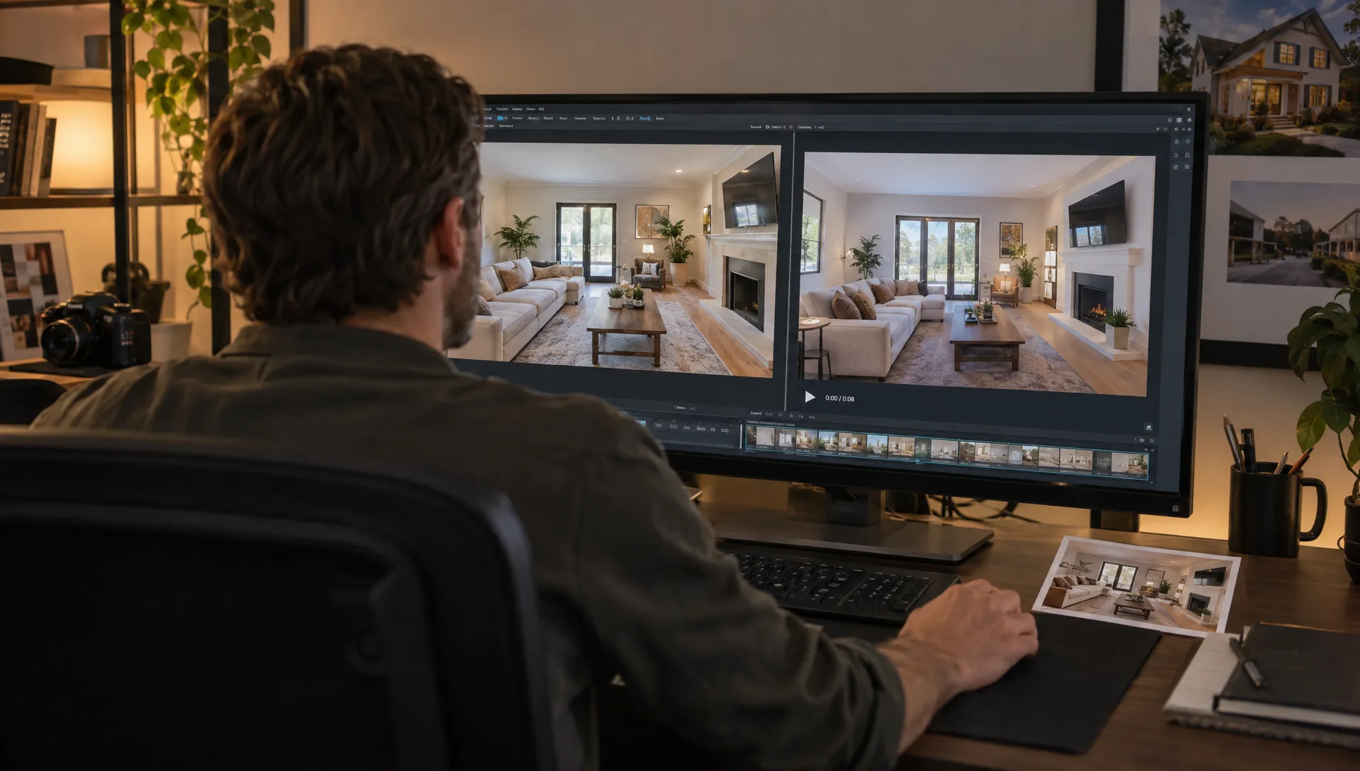 An editor checks an animated living-room frame against its source photograph to ensure the property details remain accurate.