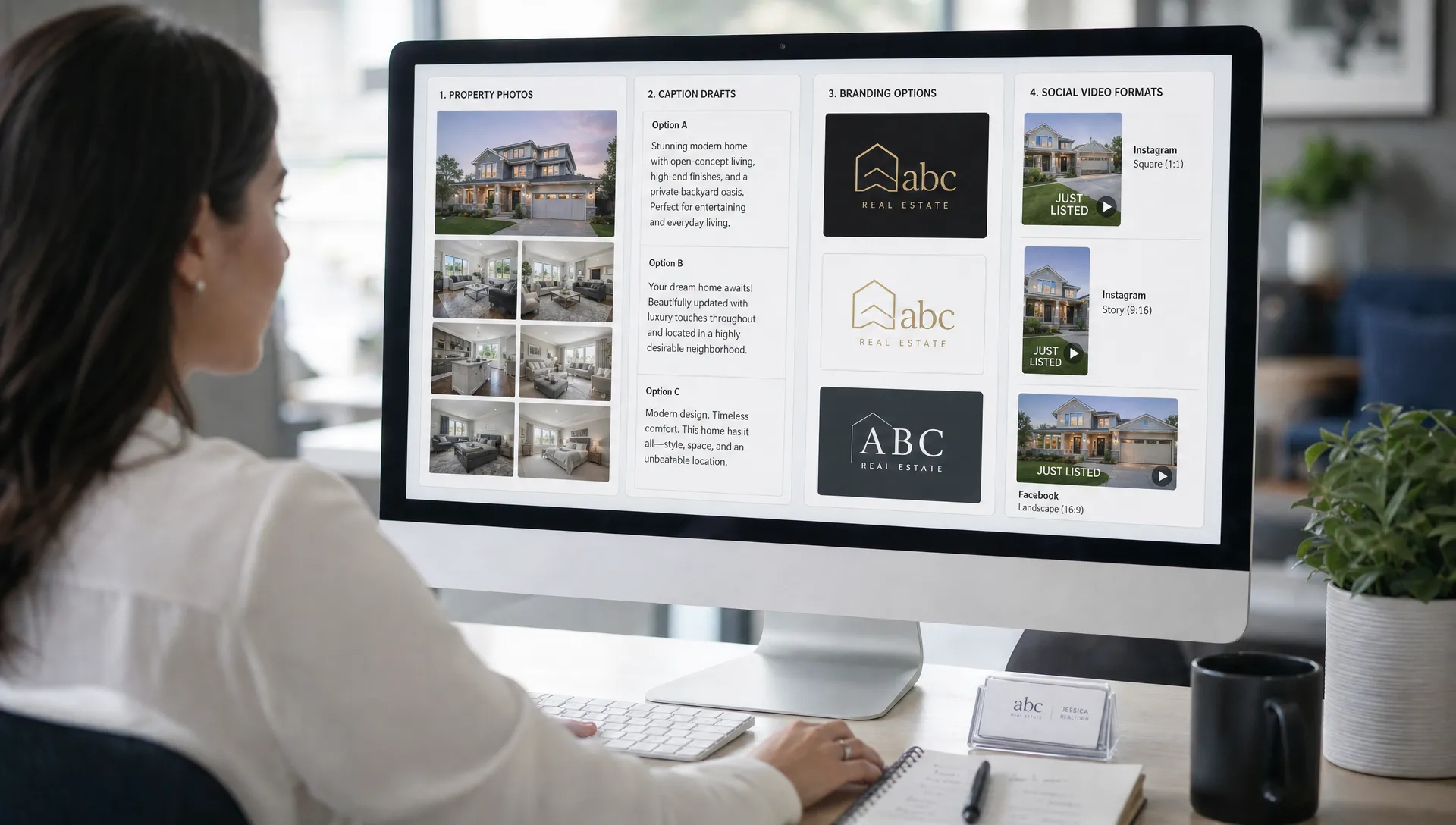 A real estate agent reviews a property video workflow with listing photos, caption drafts, branding options, and social video formats on a desk.