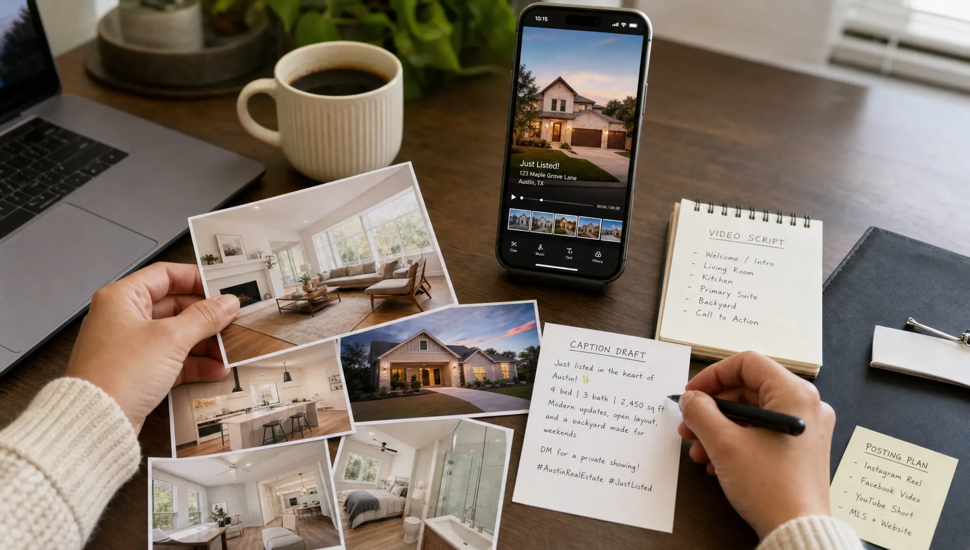 Landscape close-up at a tabletop in a home office where hands arrange listing photos, a short narration script, a caption draft, and a phone facing the camera showing a vertical property video draft; a pen, laptop edge, and neat notes complete the real workflow.