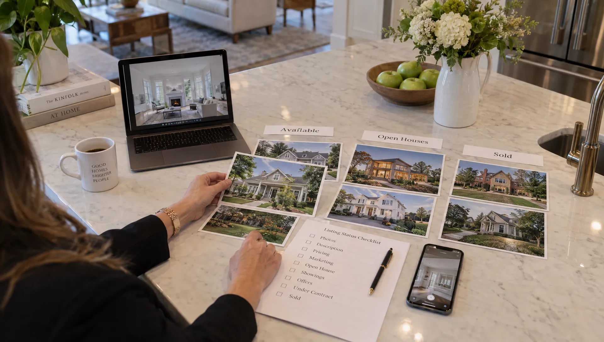 An agent checks property photographs and listing statuses on a kitchen island while organizing Instagram Highlights for real estate agents.