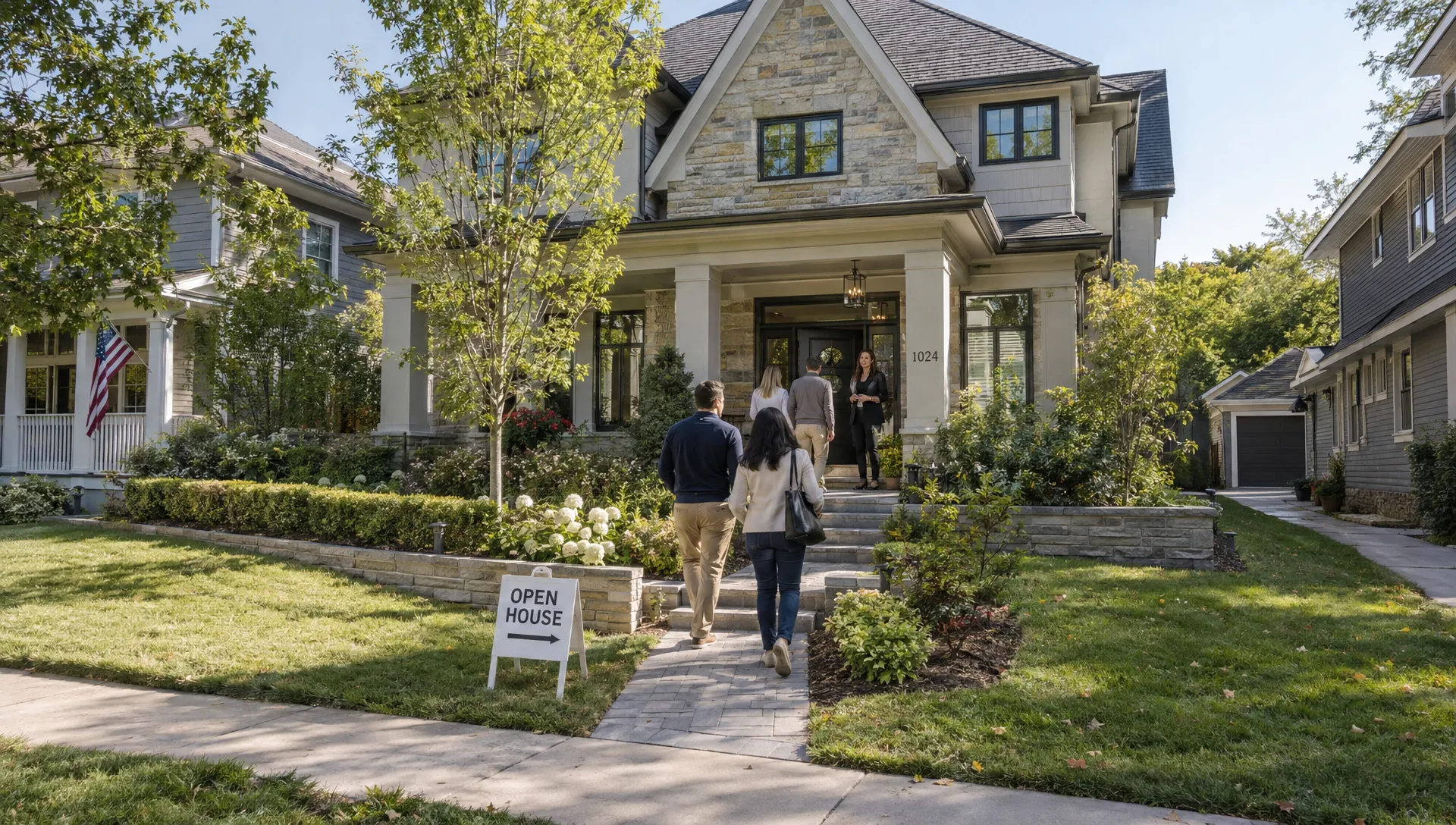 Visitors approach a listed home during an open house, with its entrance and street setting visible for a real estate agent’s Instagram listing collection.