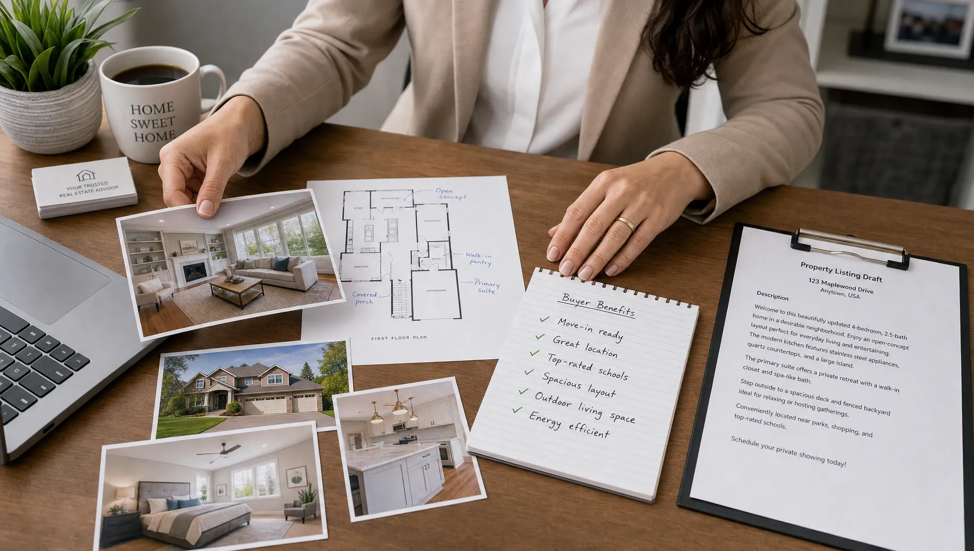 A real estate agent arranges printed home photos, floor plan notes, and a draft property listing description on a desk with highlighted buyer benefits.