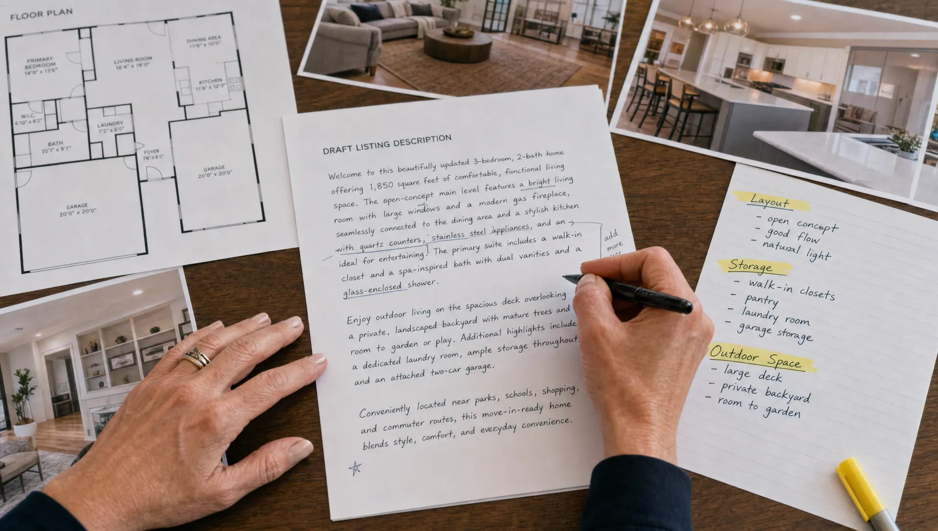 Landscape close-up of an agent’s hands at a table organizing a draft property listing description beside printed room photos, a floor plan sheet, a pen, and highlighted notes about layout, storage, and outdoor space; the frame stays tightly on the writing and editing process in a real working moment.
