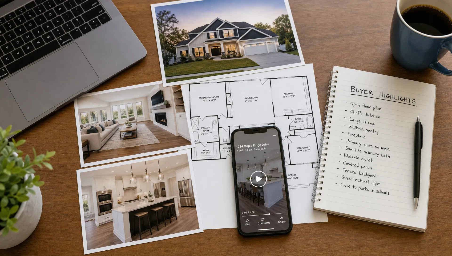 A real estate marketing workspace with printed property photos, a simple floor plan, notes about buyer highlights, and a smartphone showing a vertical property video preview facing upward on the table.