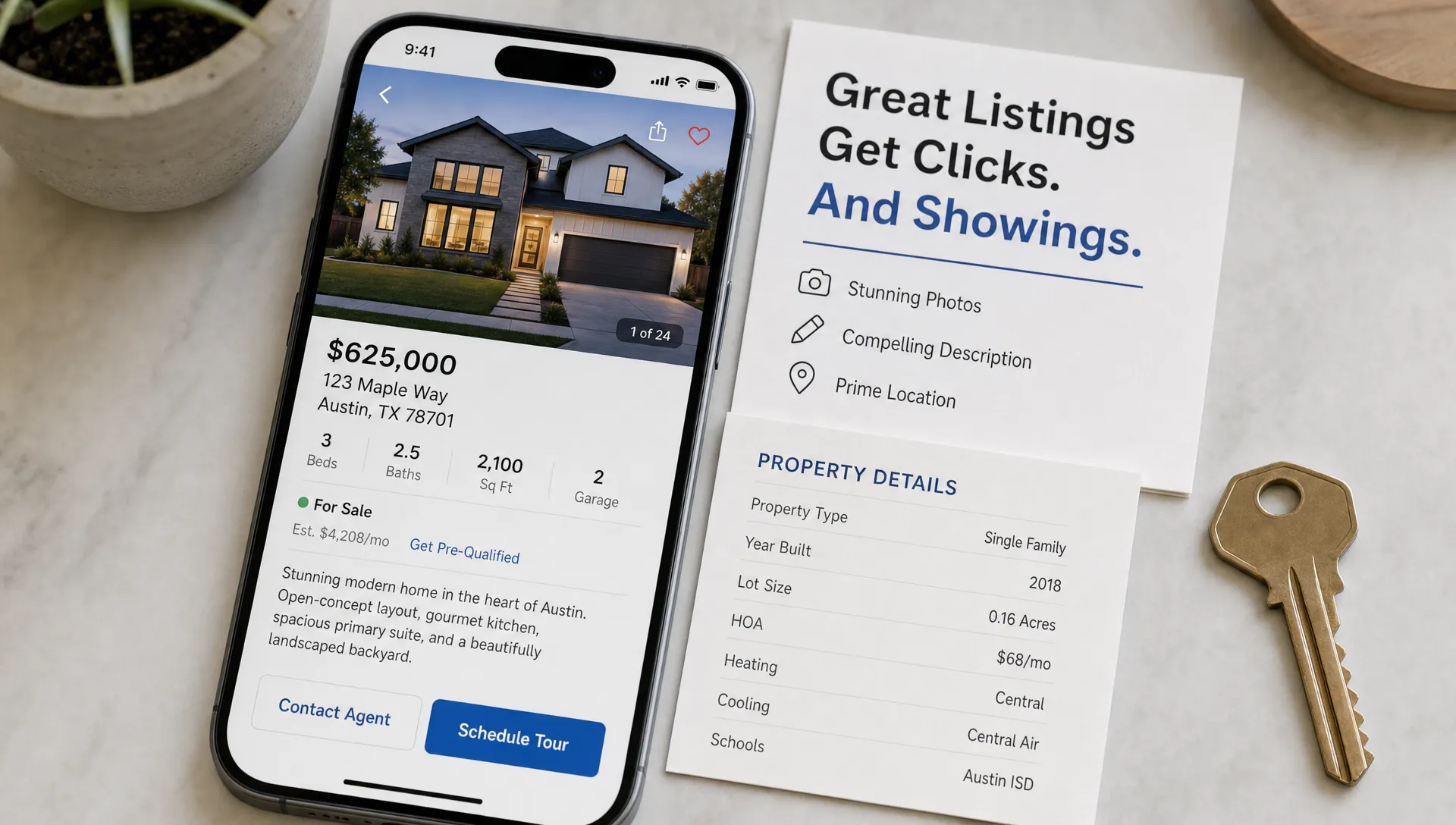 A close-up conceptual scene of a smartphone on a clean tabletop showing a bright property listing page facing the camera, with a printed headline card, a small stack of property details, and a simple house key beside it; the setting feels like a tidy editorial workspace rather than an office desk, emphasizing how an online listing must capture attention quickly in search and social feeds.