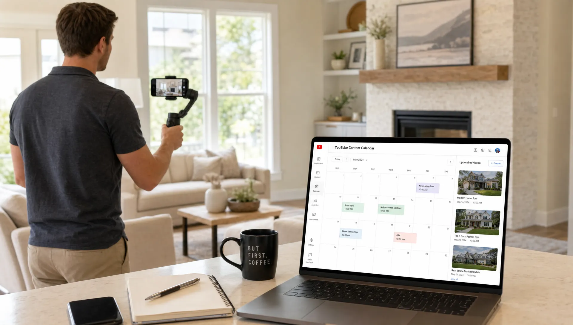 A real estate agent films a bright living room with a phone on a stabilizer while a laptop shows a YouTube content calendar and property video thumbnails.