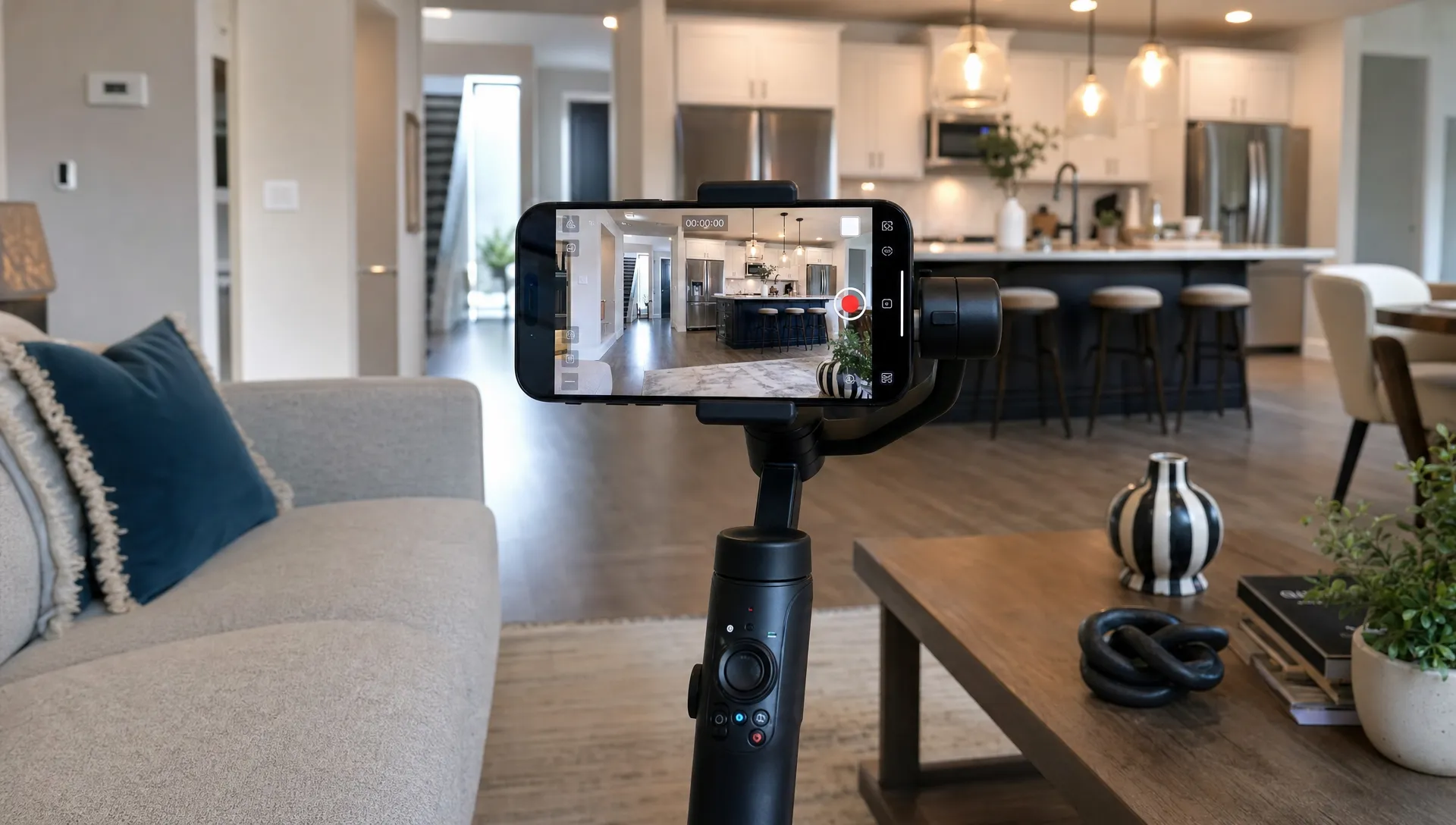 Landscape close-up inside a staged living room of a phone screen facing the camera on a gimbal, framed by the edge of a sofa, a coffee table, and the open-plan kitchen beyond; the shot isolates the recording setup in the middle of an actual property tour.