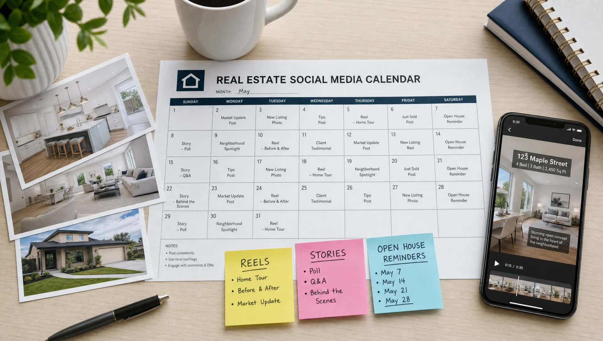 A clean desk with a printed realtor social media calendar, listing photos, sticky notes for Reels, Stories, and open house reminders, plus a smartphone showing a vertical property video draft.