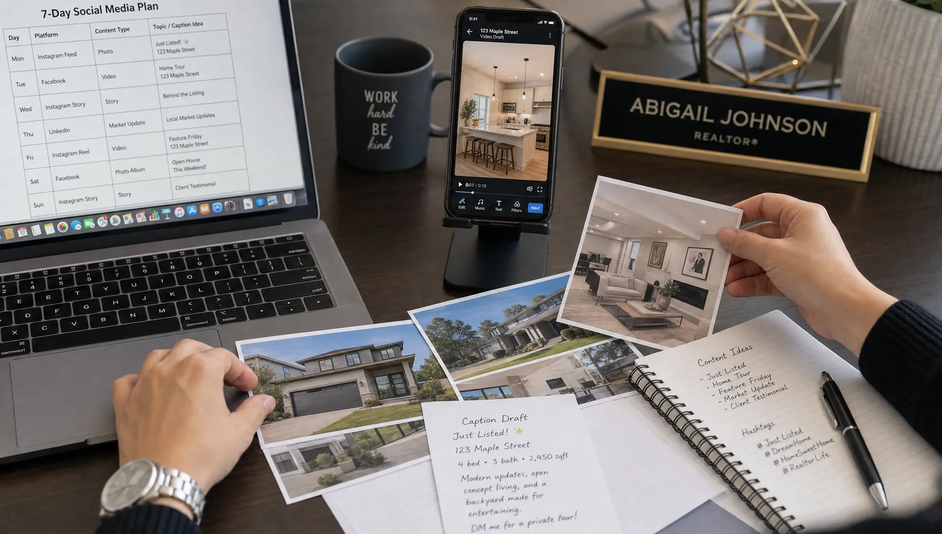 Landscape medium close-up at an agent’s workstation with hands arranging listing photos, a short script, a caption draft, and a phone facing the camera showing a vertical property video draft; the materials sit in a real office setting and suggest building a weeklong posting plan.