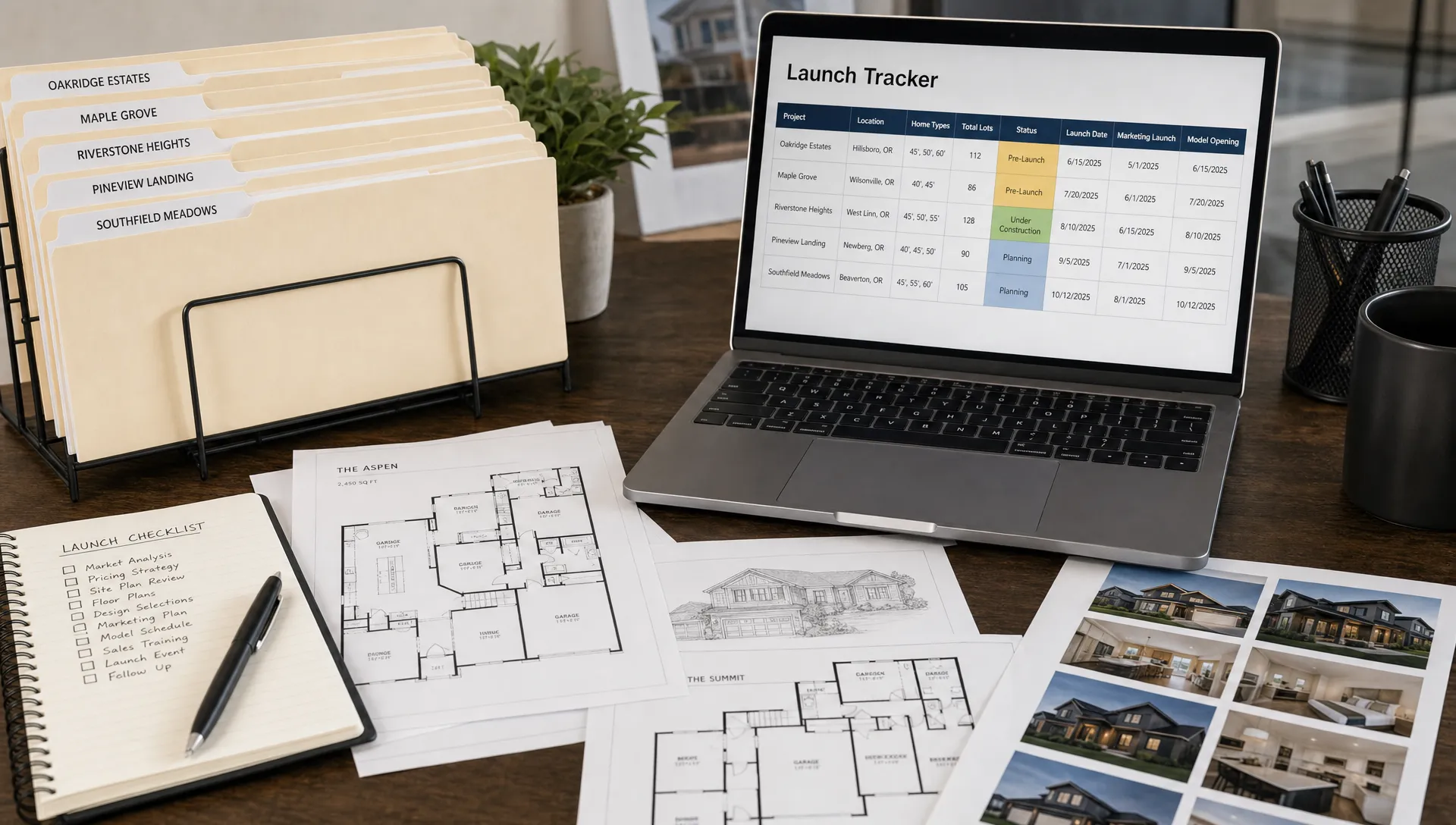 A listing database workspace shows labeled property folders, printed floor plans, photo contact sheets, and a laptop with a launch tracker.