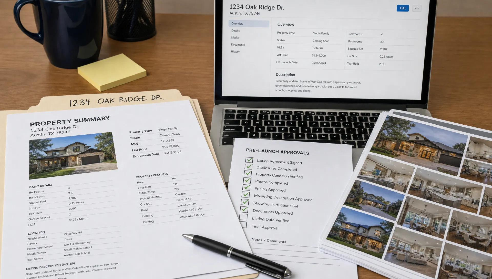Landscape close-up of a single listing record on a desk, with a printed property summary sheet, a folder tab marked with the address, a pen, a checklist page for approvals, and a stack of photo contact sheets beside an open laptop whose screen faces the camera with a simple record view; the scene stays tightly focused on the core database fields used before launch.