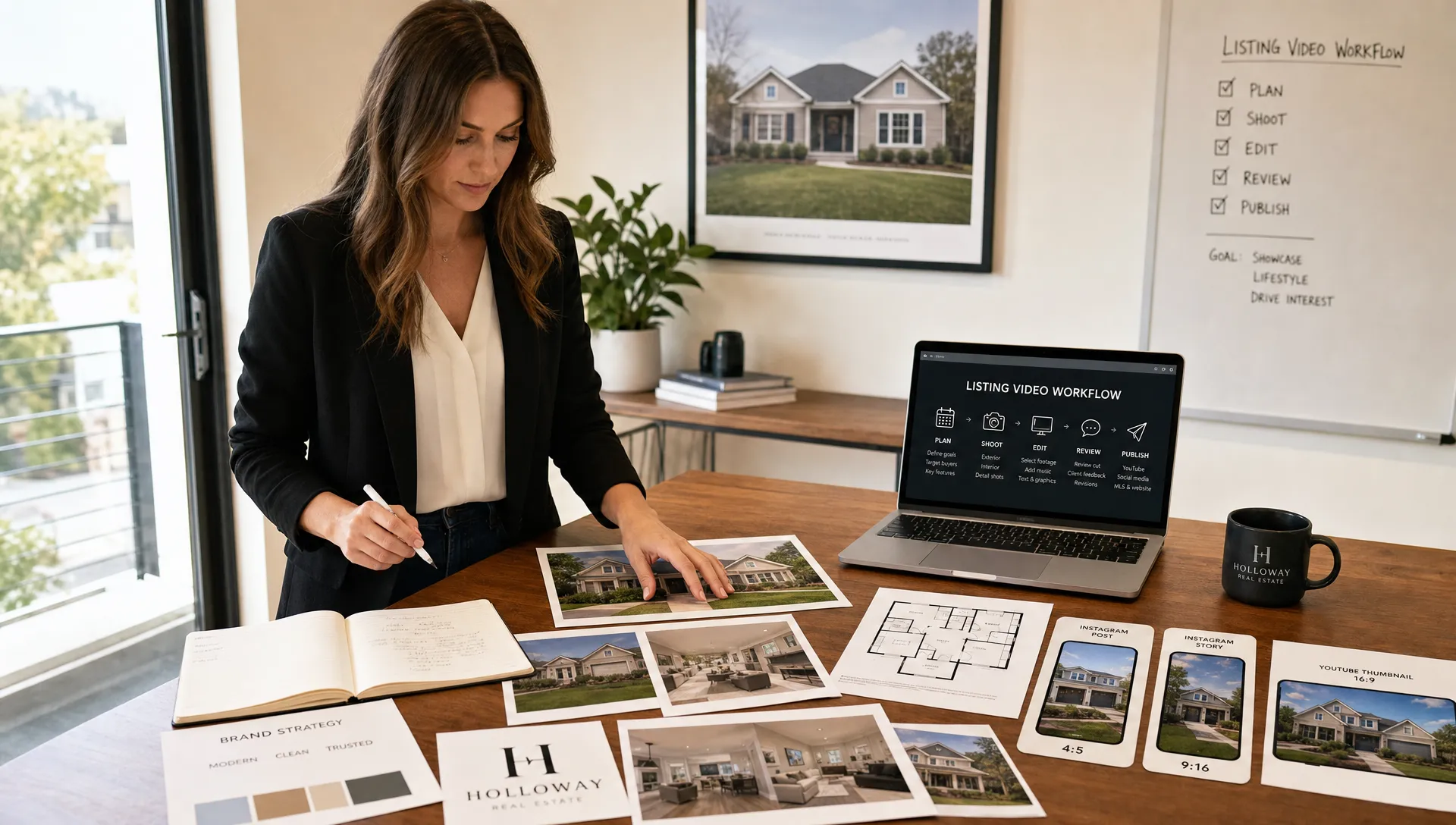 A real estate agent reviewing a listing video workflow at a standing table, with property photos, a floor plan printout, branding notes, and social media format cards spread out in a bright indoor workspace.