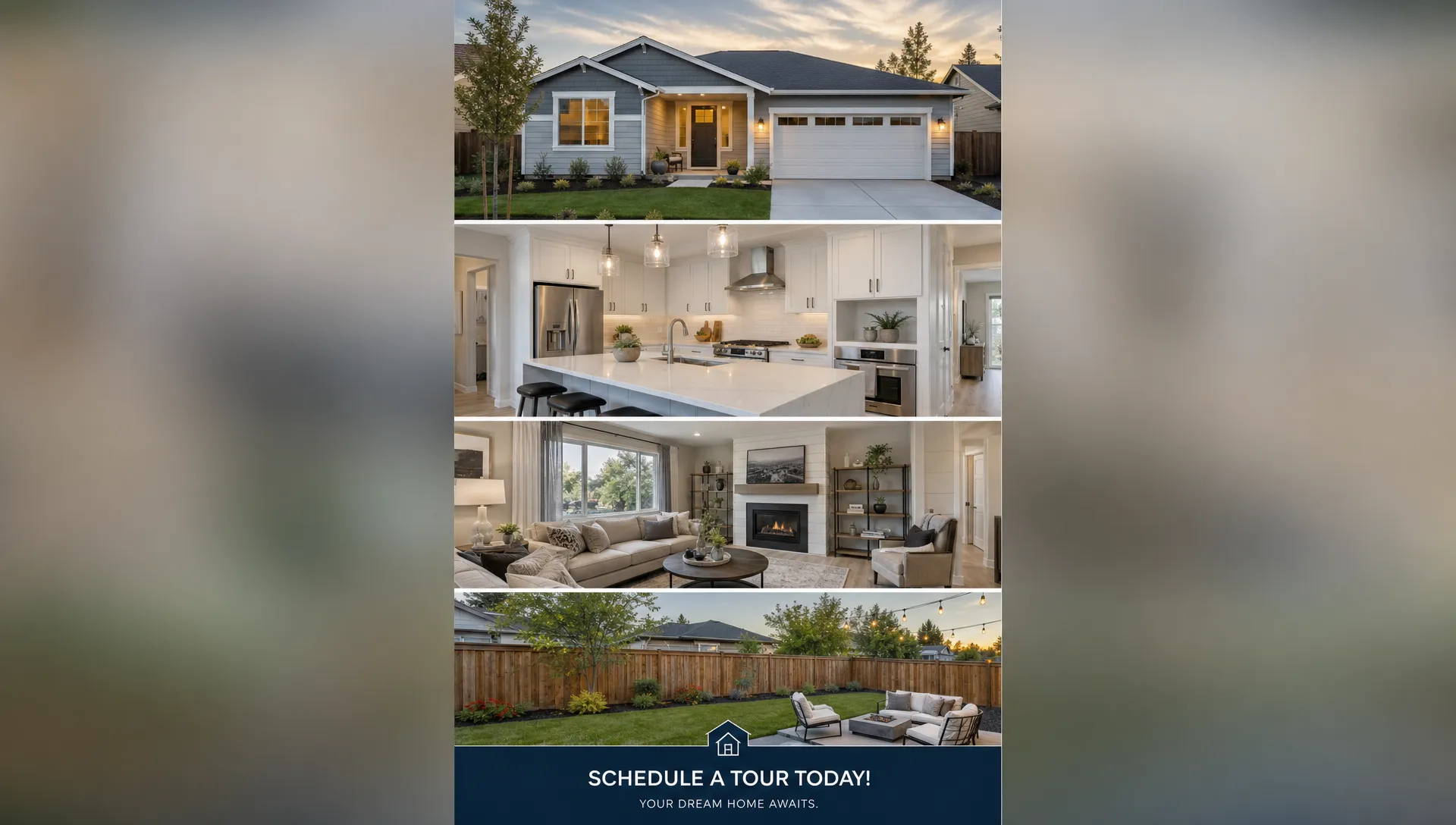 A vertical storyboard of listing photos laid out as an Instagram reel, with an exterior, kitchen, living room, backyard and final call to action.