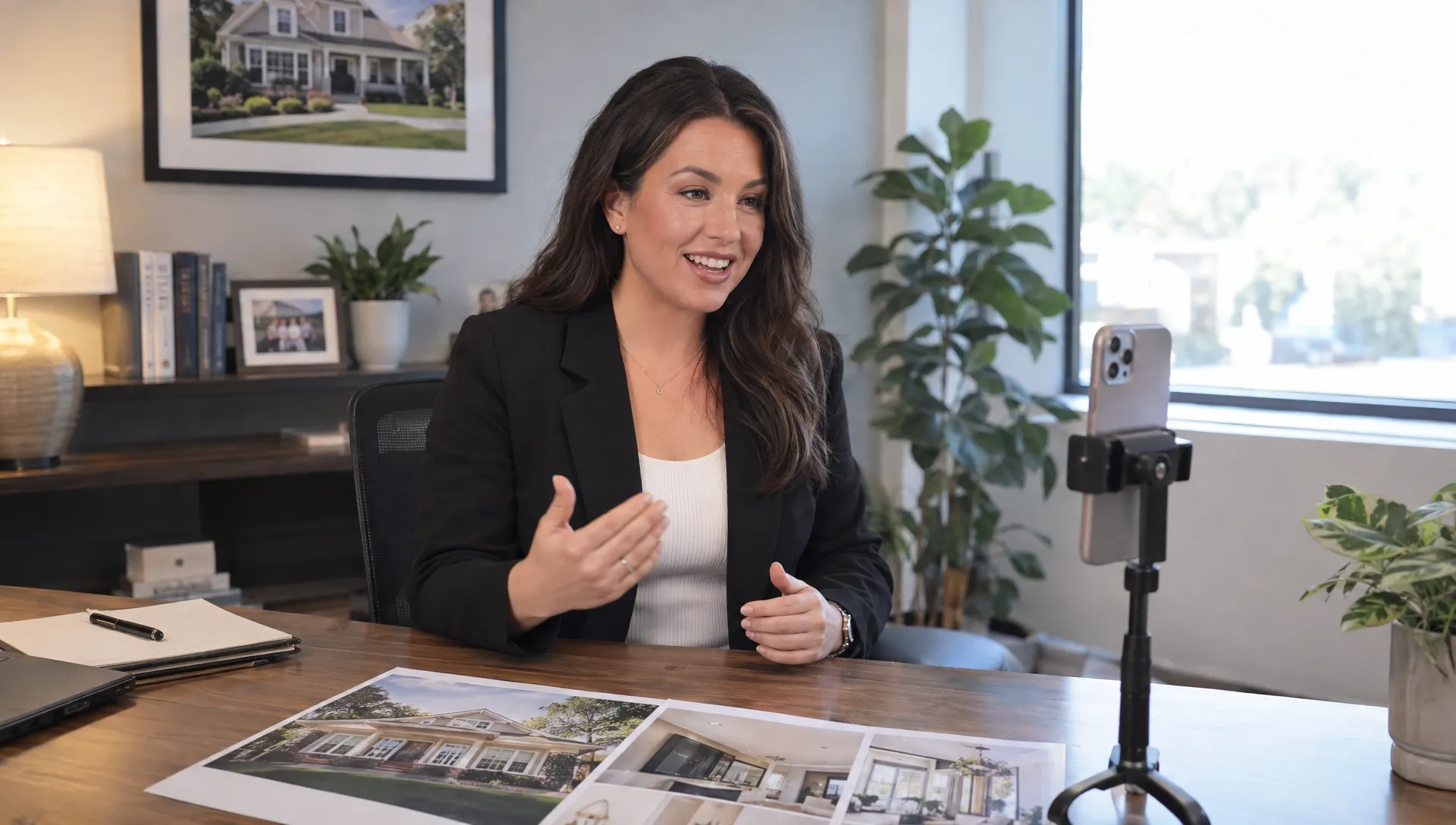 Un agent immobilier enregistre une vidéo de relance Zillow Premier Agent dans un bureau, en parlant à un téléphone sur un support à côté de photos imprimées du logement.