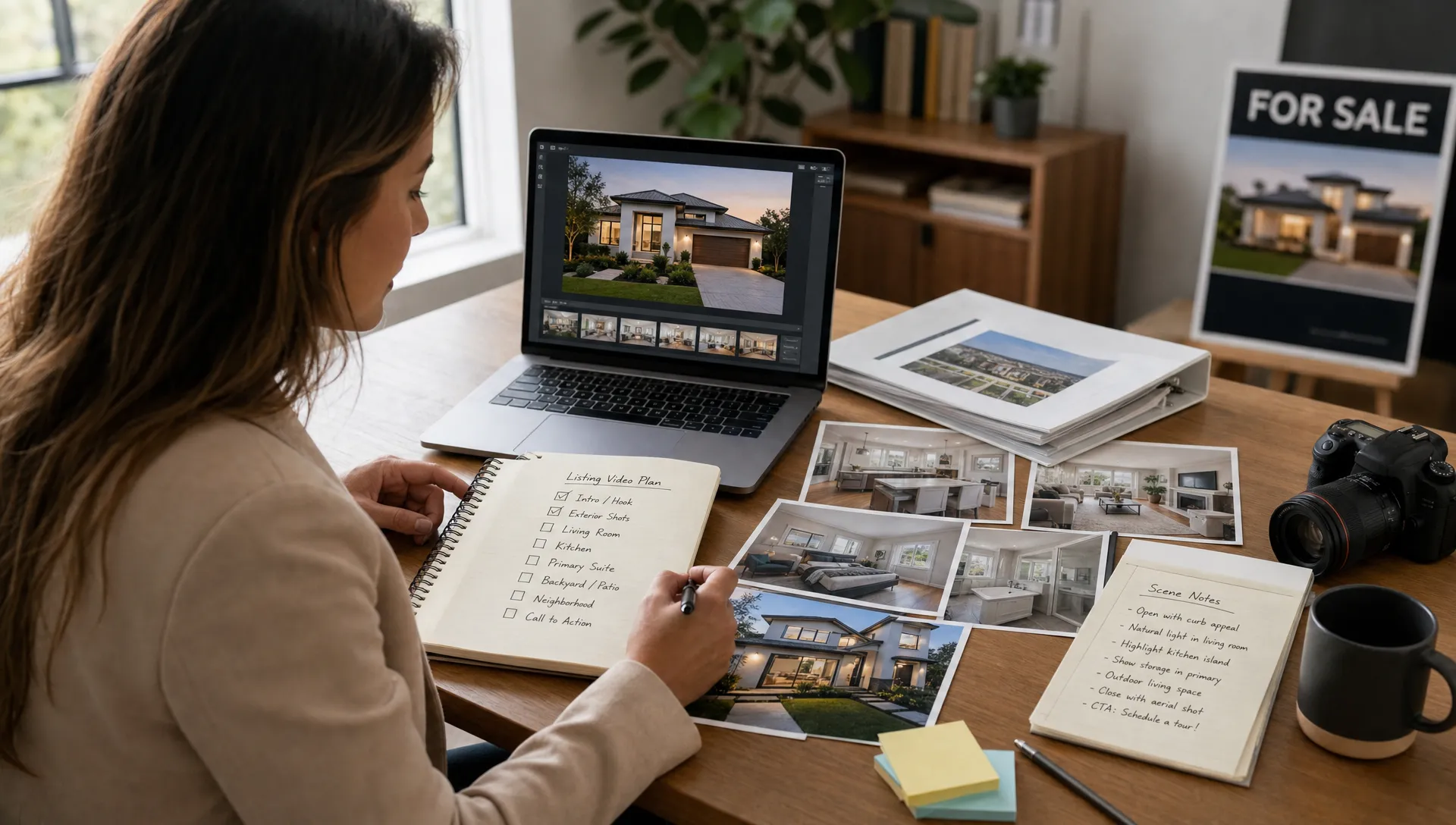 A real estate agent plans a short-form listing video with property photos, room highlights, and notes spread across a desk.